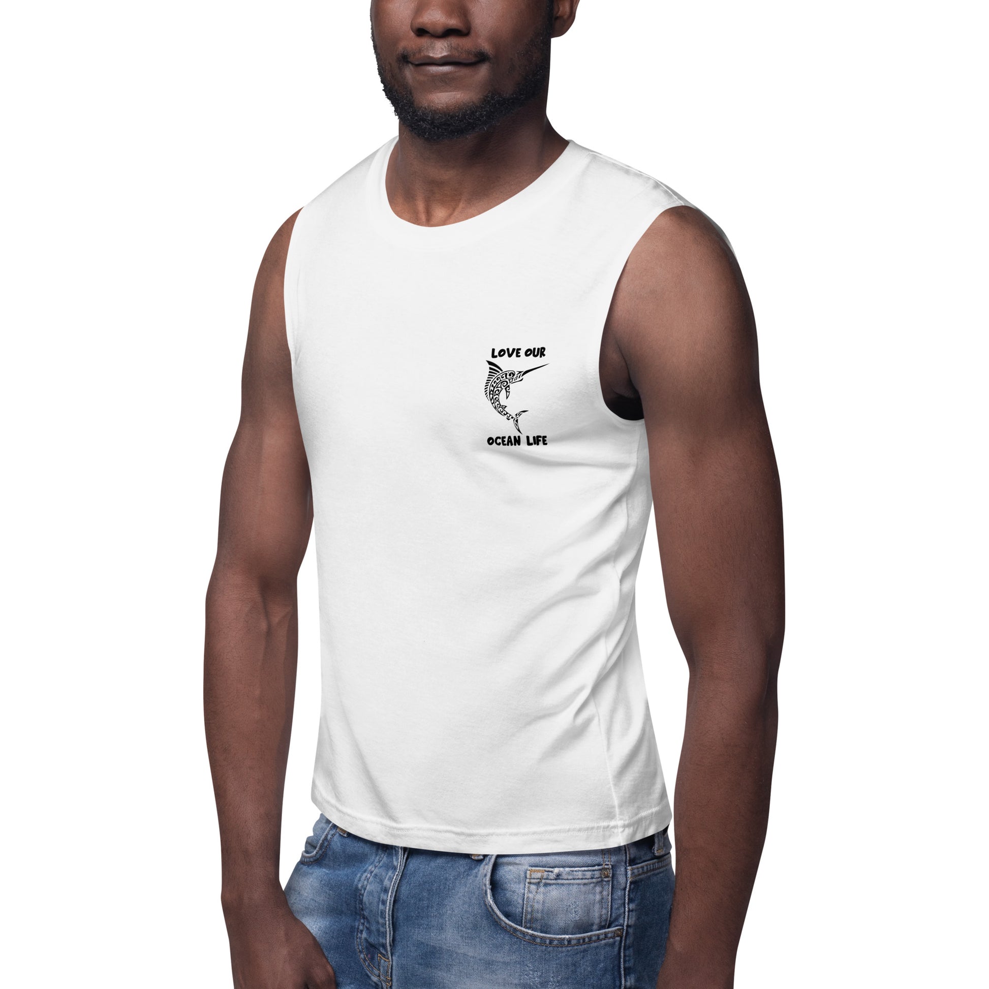 Polynesian Marlin Muscle Shirt Unisex Black on White Front Left