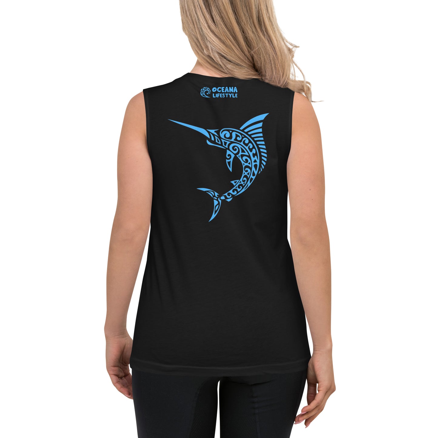 Polynesian Marlin Muscle Shirt Unisex Blue on Black Back