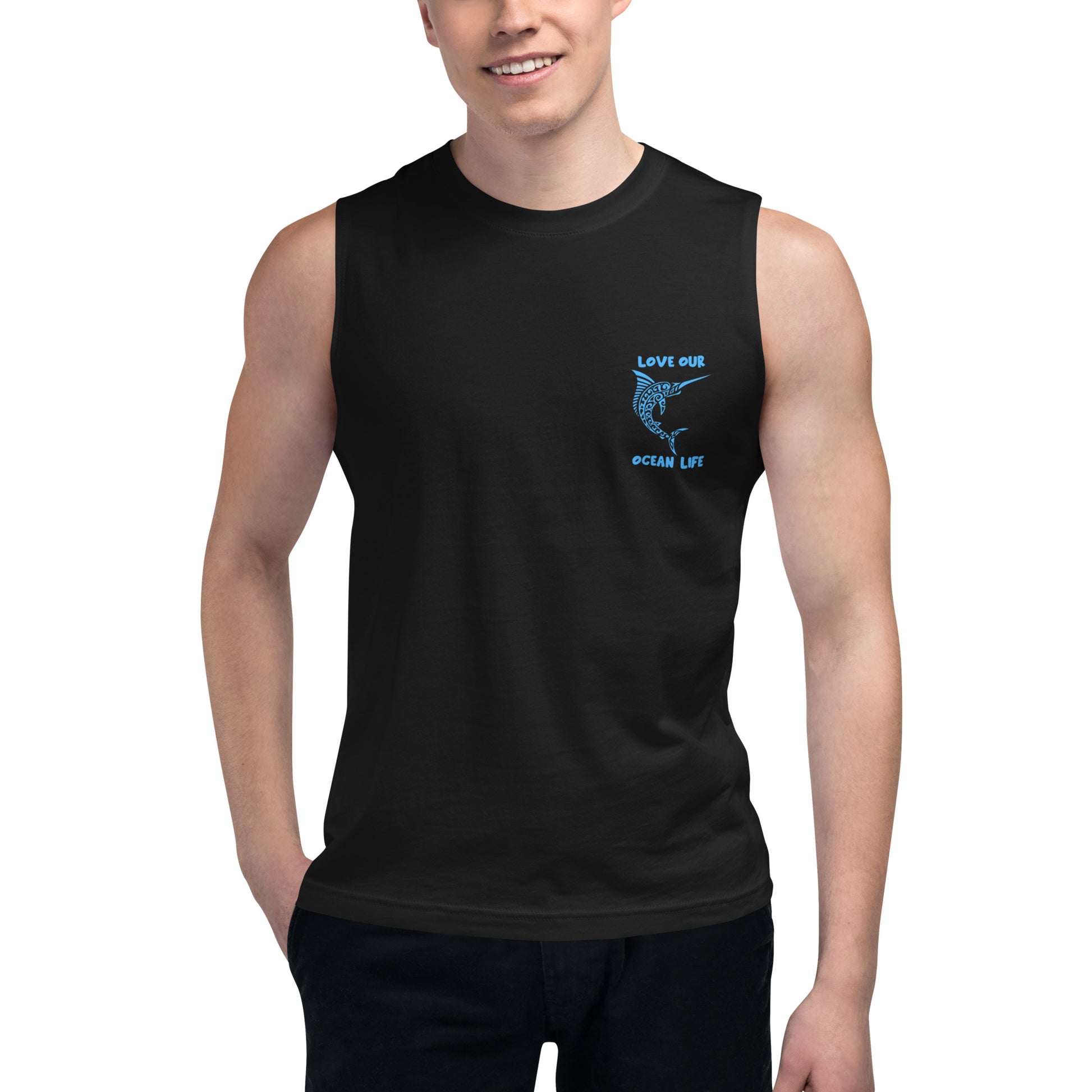 Polynesian Marlin Muscle Shirt Unisex Blue on Black Front