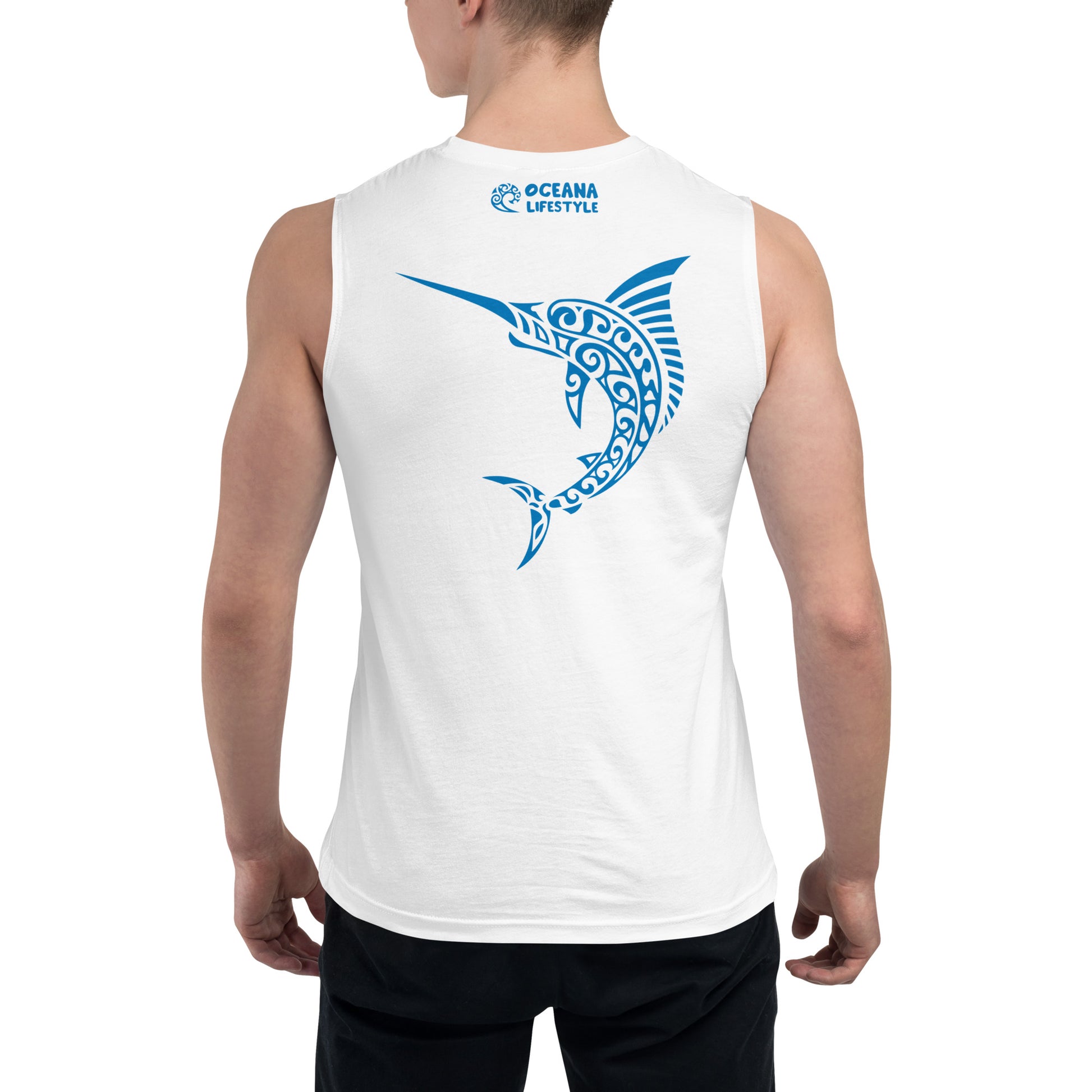 Polynesian Marlin Muscle Shirt Unisex Blue on White Back