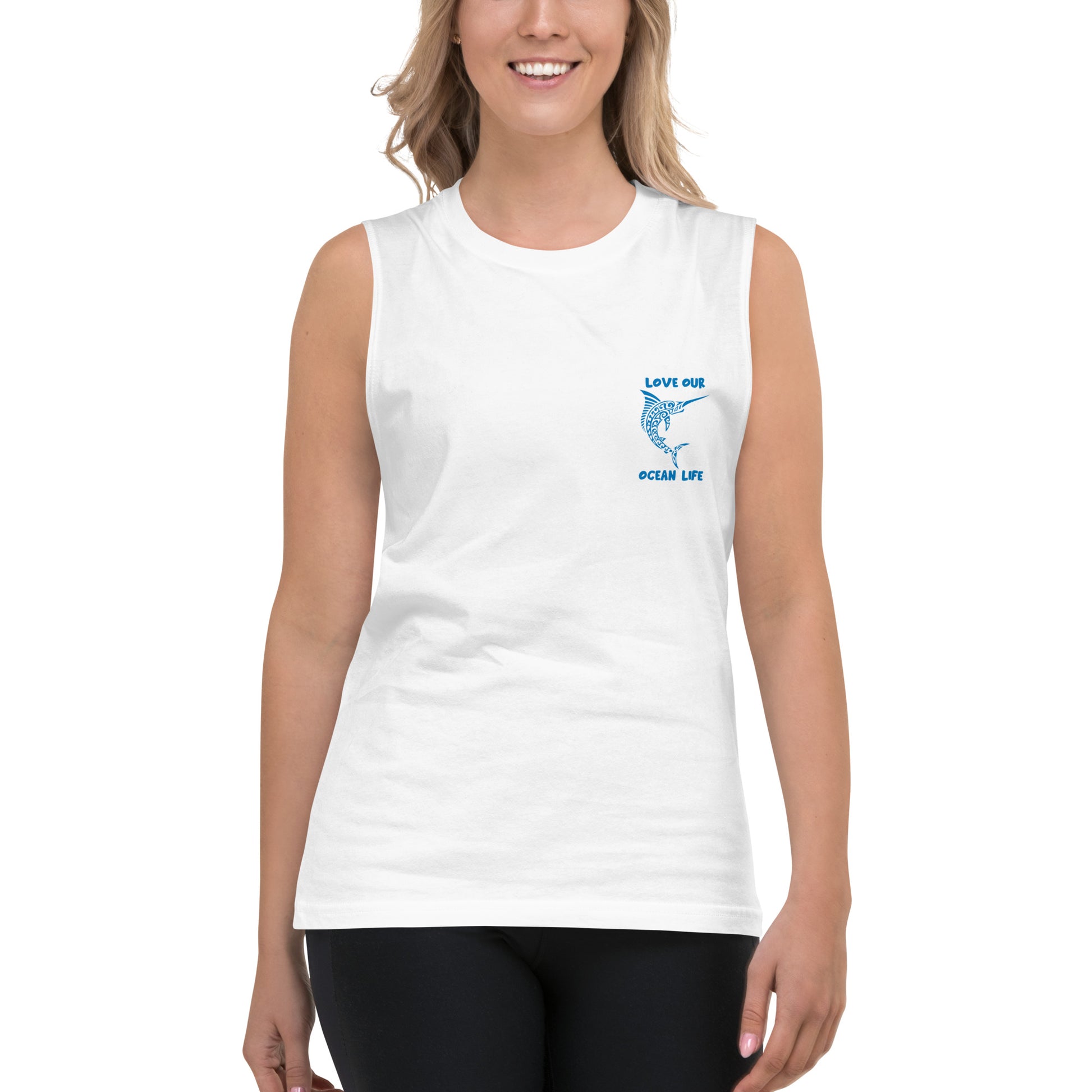 Polynesian Marlin Muscle Shirt Unisex Blue on White Front