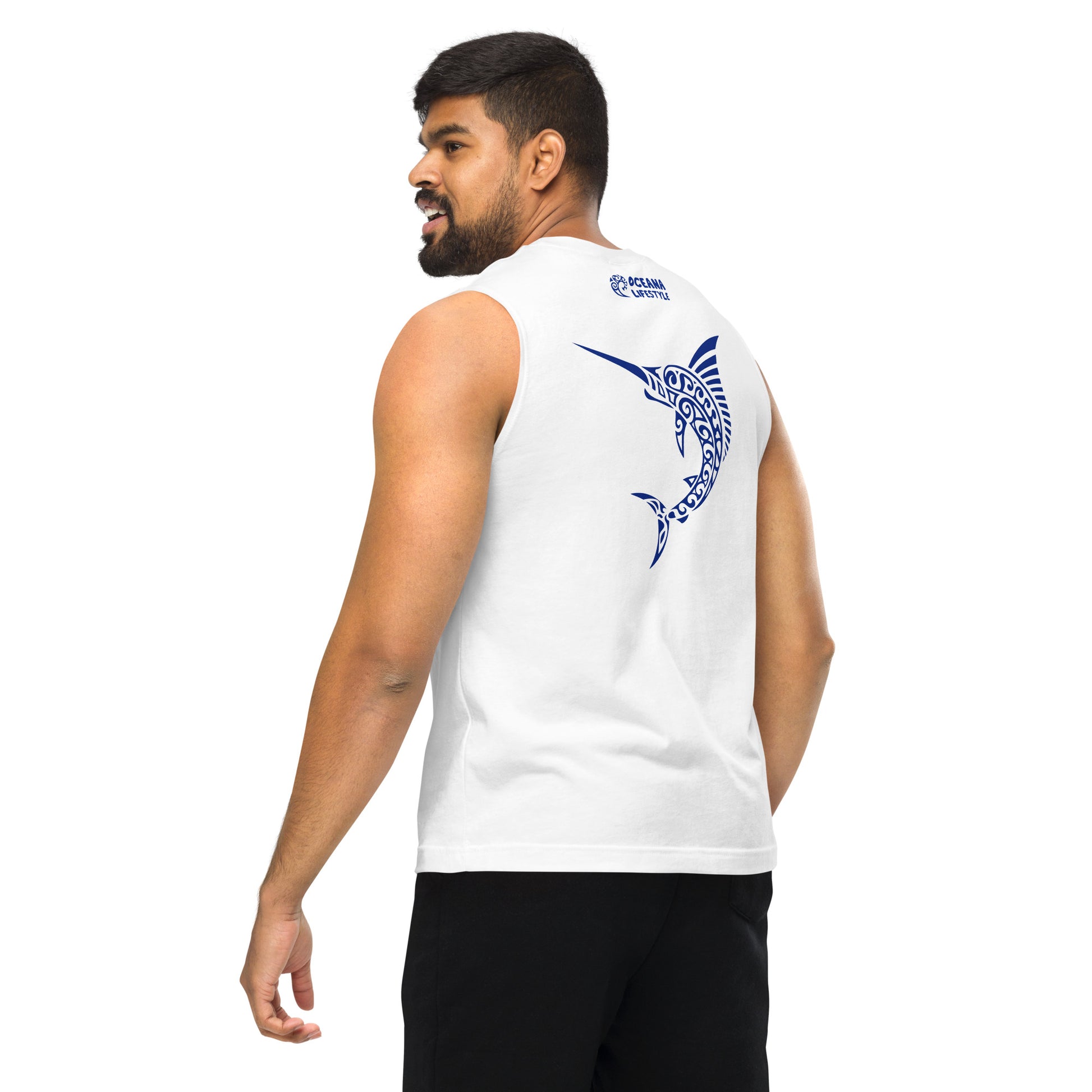 Polynesian Marlin Muscle Shirt Unisex Navy on White Back