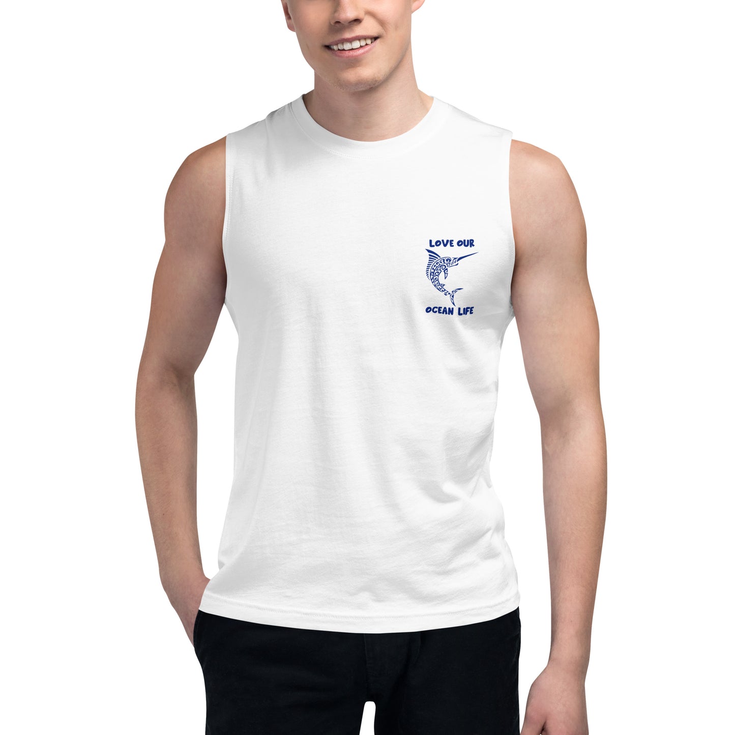 Polynesian Marlin Muscle Shirt Unisex Navy on White Front