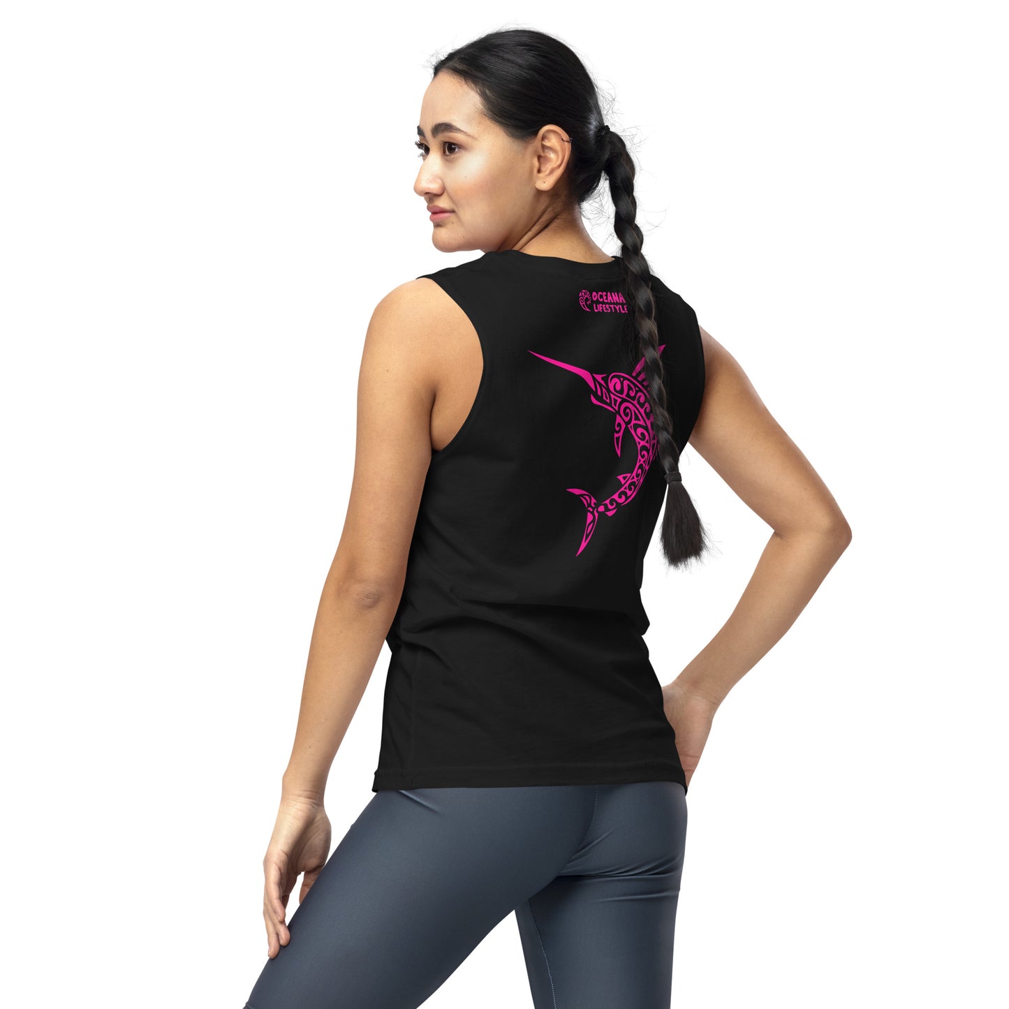 Polynesian Marlin Muscle Shirt Unisex Pink on Black Back