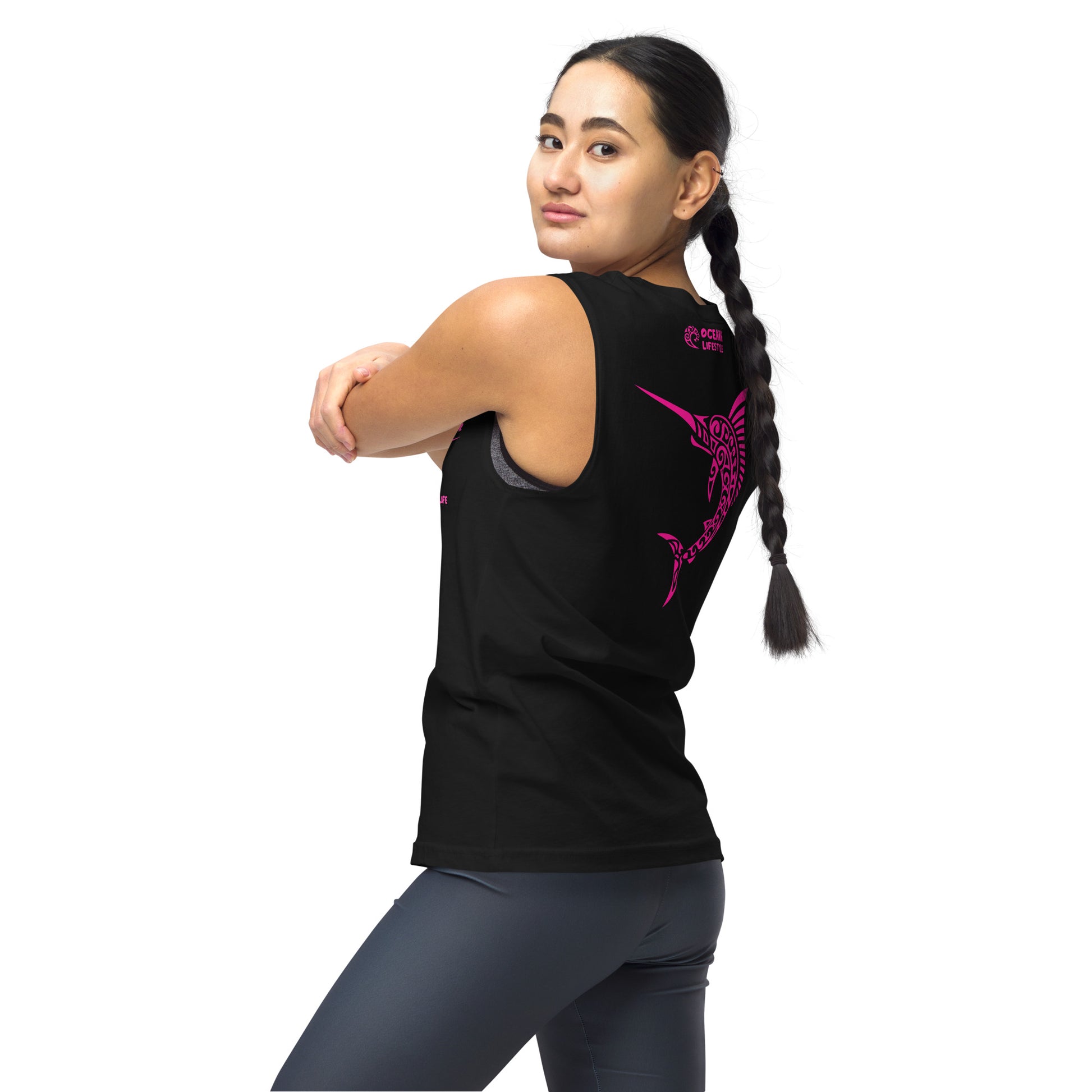 Polynesian Marlin Muscle Shirt Unisex Pink on Black Back Left