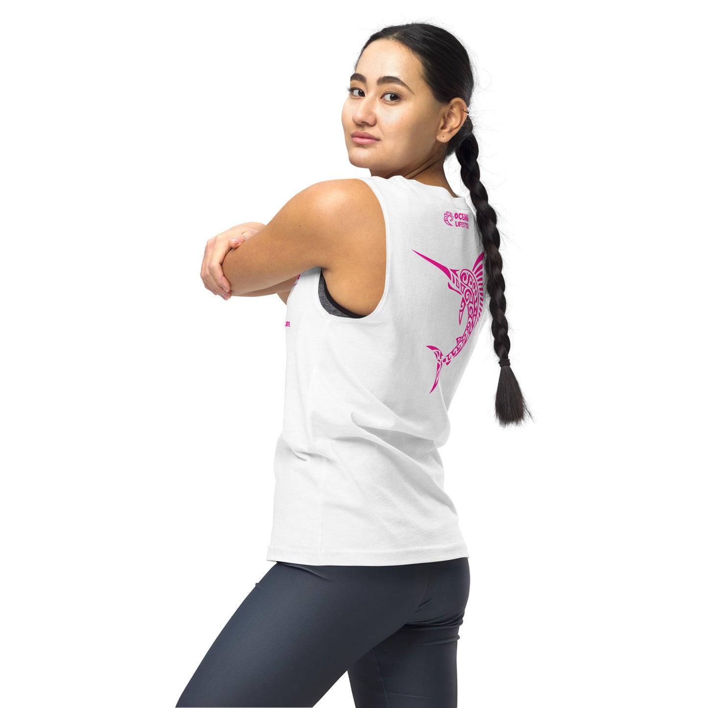 Polynesian Marlin Muscle Shirt Unisex Pink on White Back Left