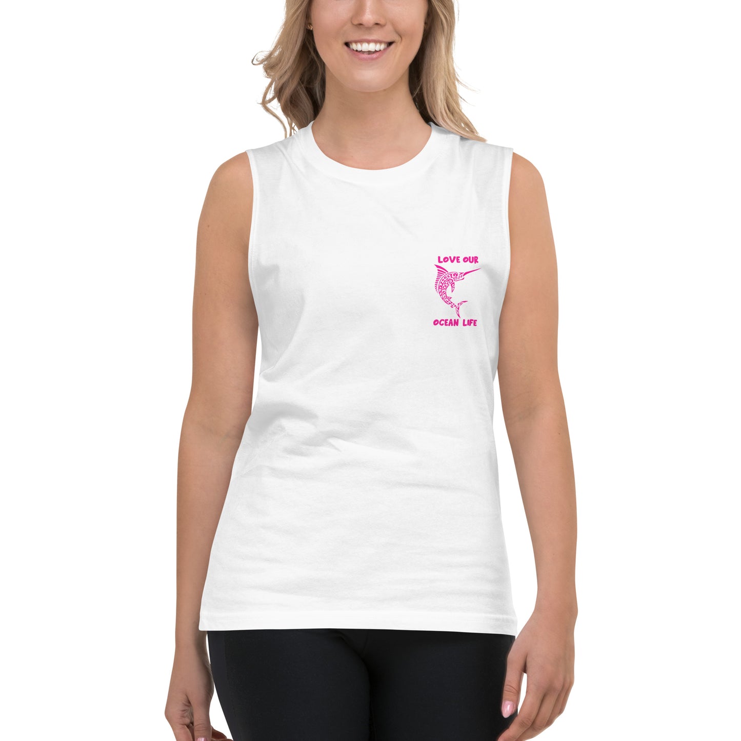 Polynesian Marlin Muscle Shirt Unisex Pink on White Front