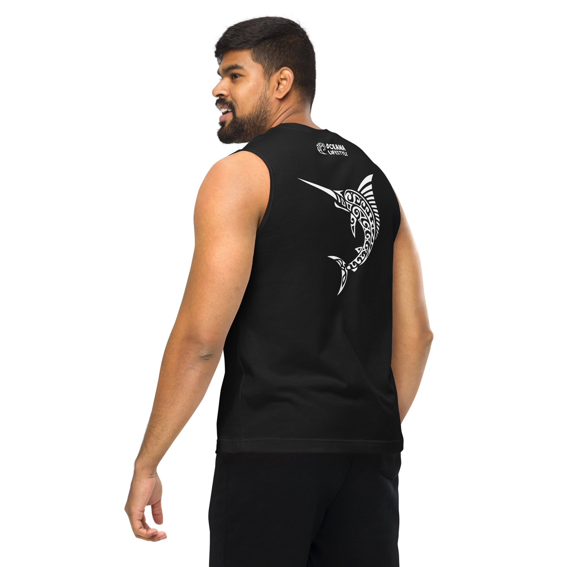 Polynesian Marlin Muscle Shirt Unisex White on Black Back
