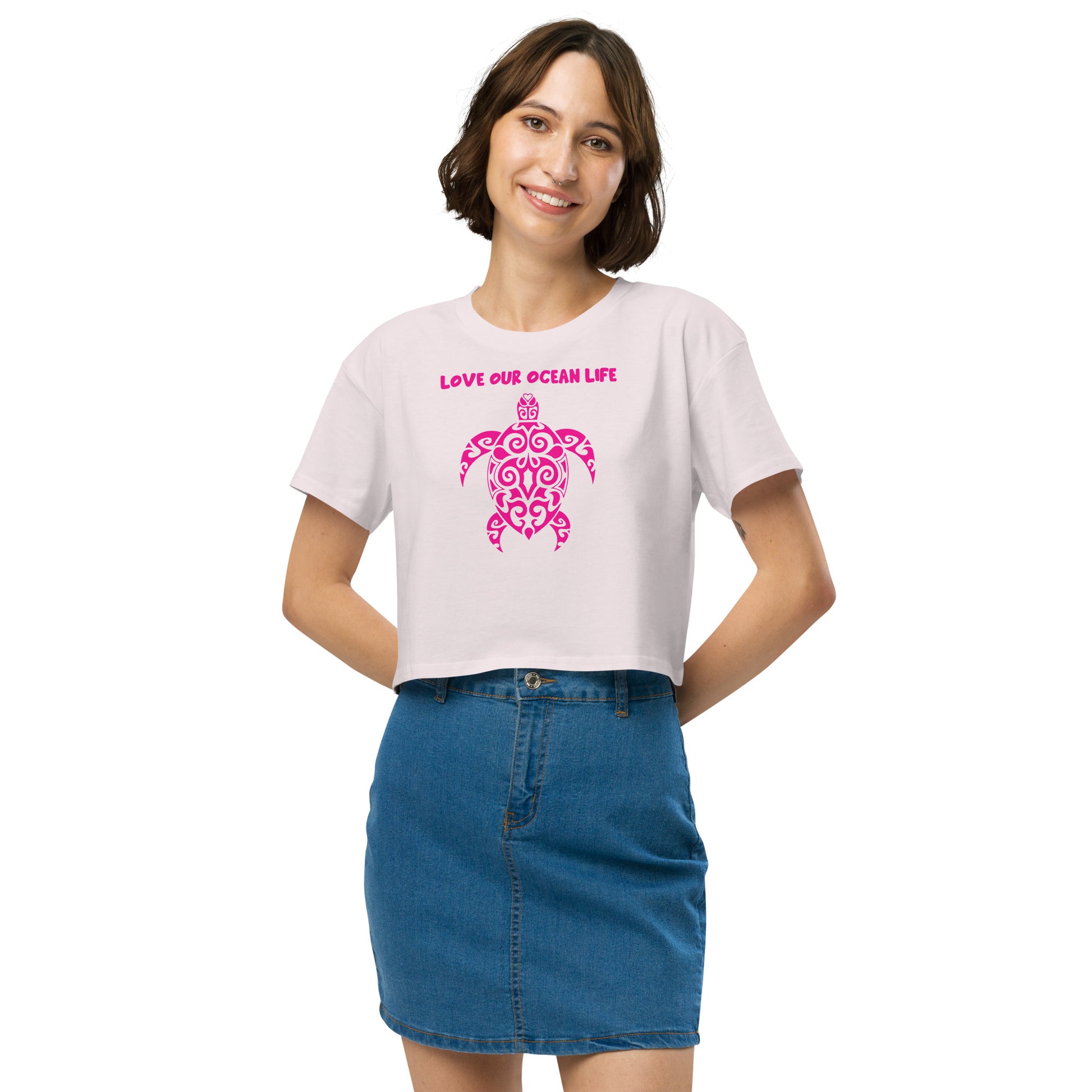 Polynesian Sea Turtle Crop Top Women Pink on Pink Front