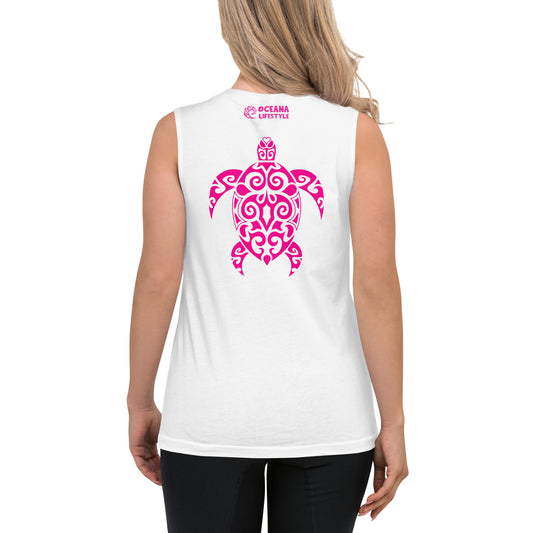 Polynesian Sea Turtle Muscle Shirt Unisex Pink on White Back