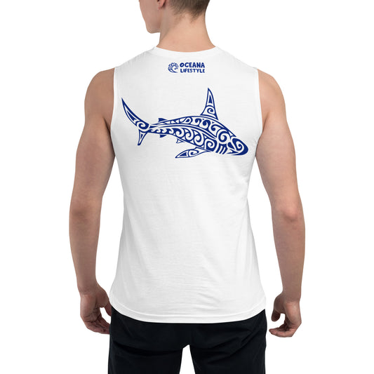 Polynesian Shark Muscle Shirt Unisex Navy on White Back