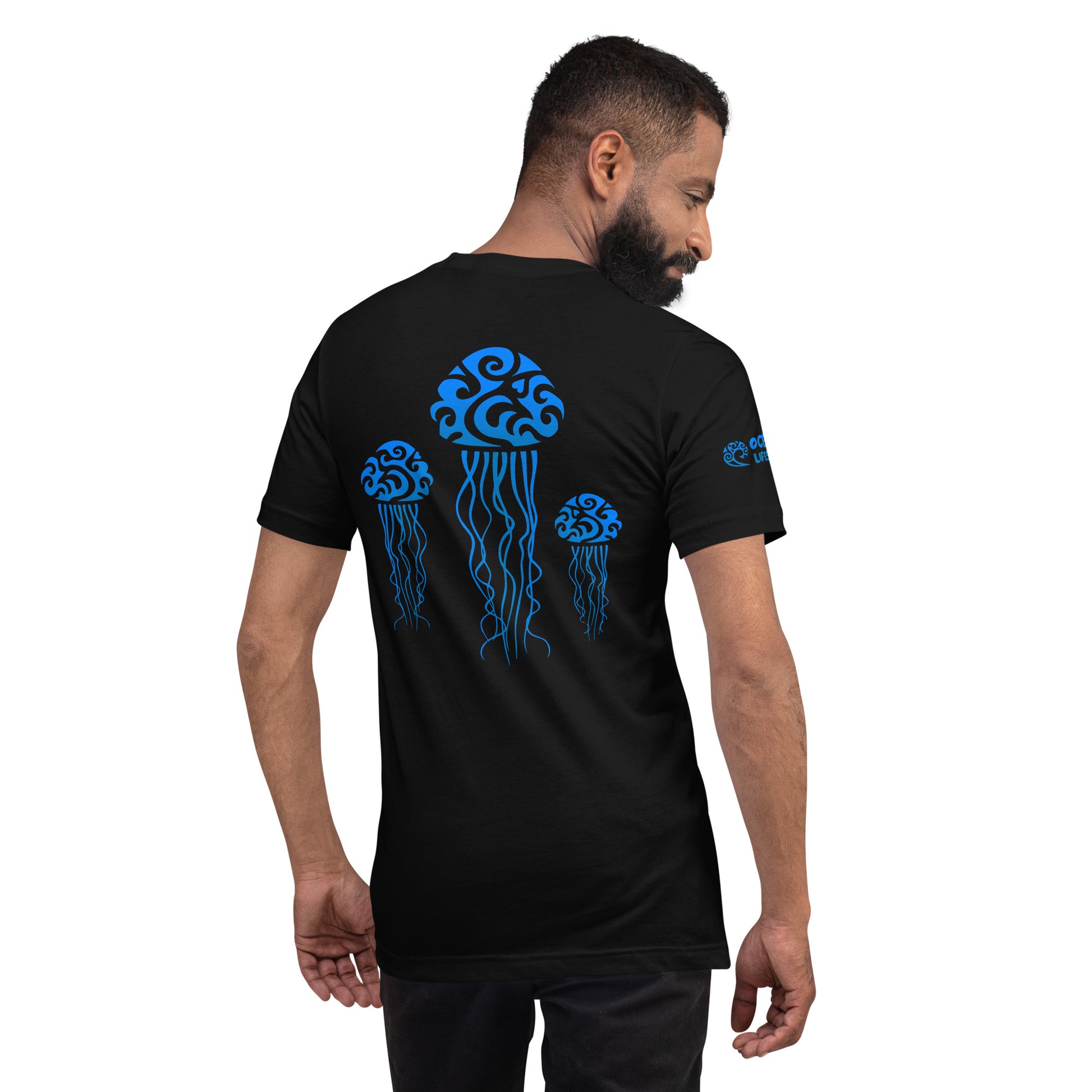Polynesian T-shirt Jellyfish Tribal Samoan For Men and Women Back Blue on Black
