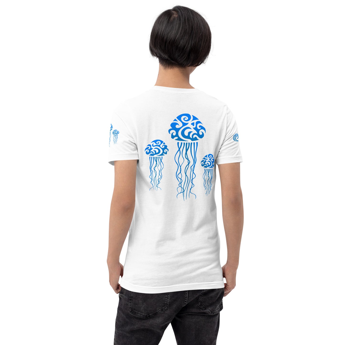 Polynesian T-shirt Jellyfish Tribal Samoan For Men and Women Back Blue on White