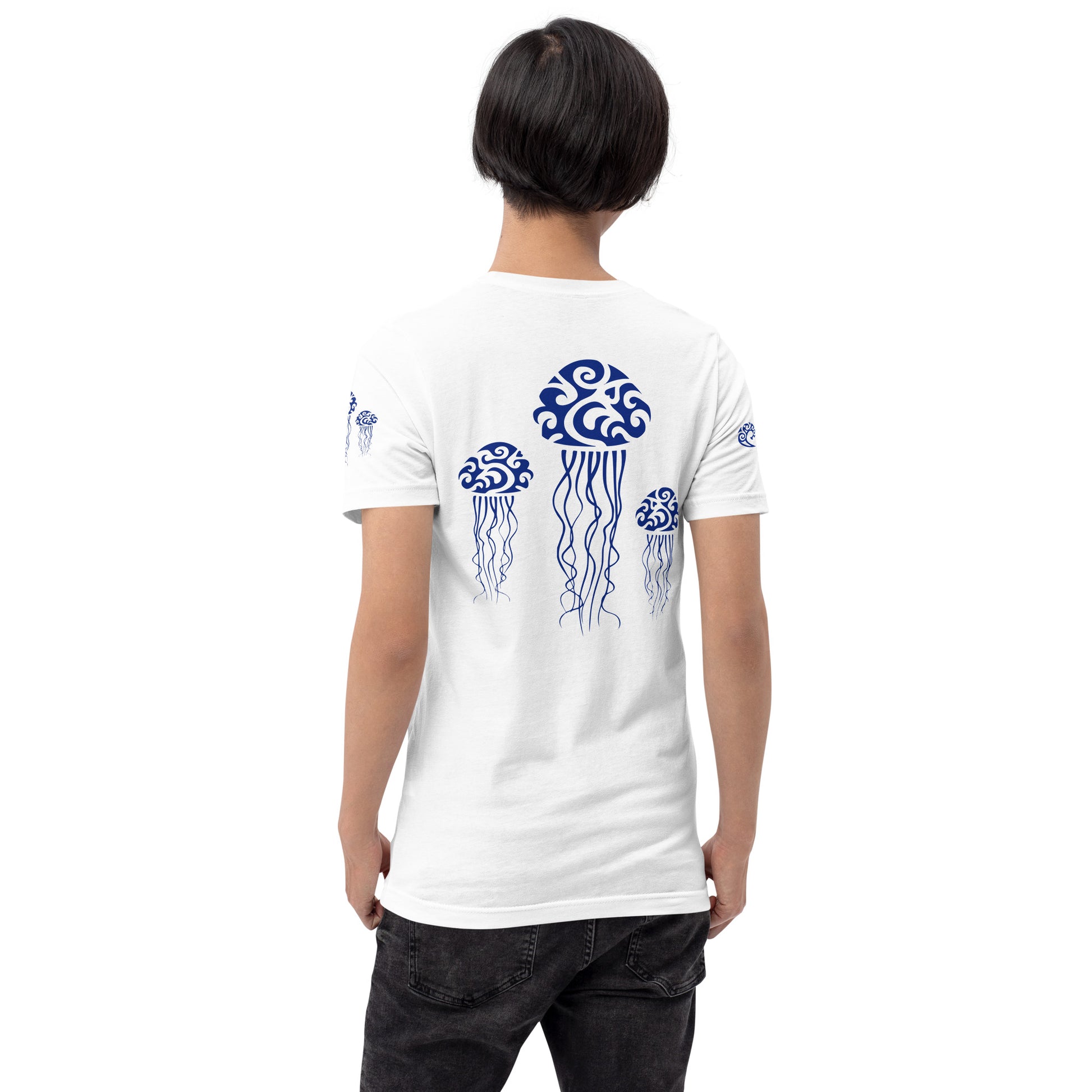 Polynesian T-shirt Jellyfish Tribal Samoan For Men and Women Back Navy on White