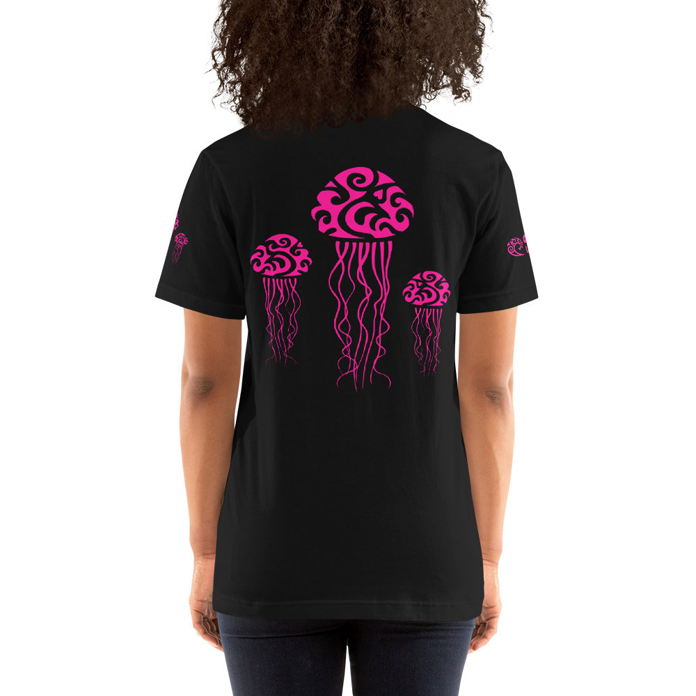 Polynesian T-shirt Jellyfish Tribal Samoan For Men and Women Back Pink on Black