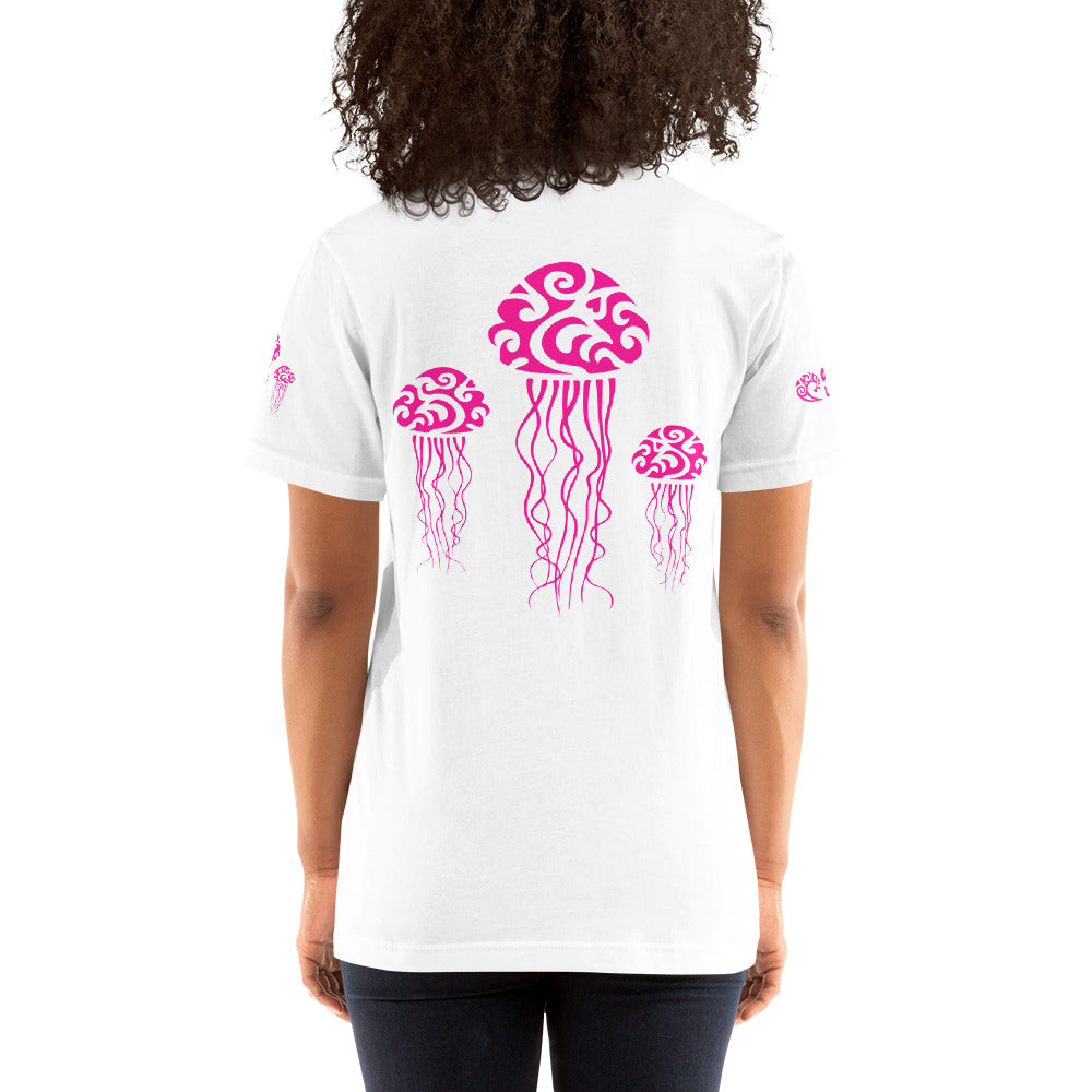 Polynesian T-shirt Jellyfish Tribal Samoan For Men and Women Back Pink on White