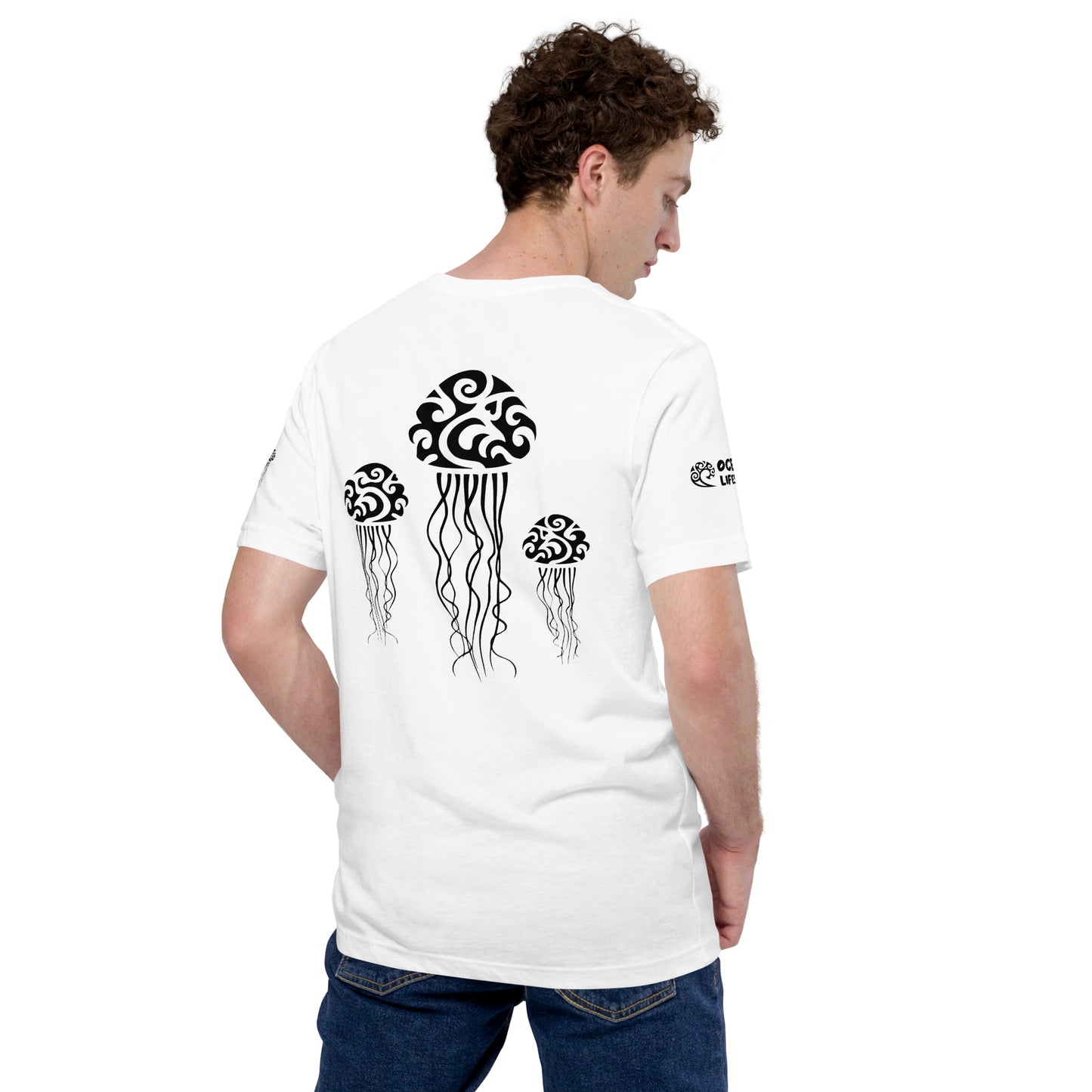 Polynesian T-shirt Jellyfish Tribal Samoan For Men and Women Back Right Black on White