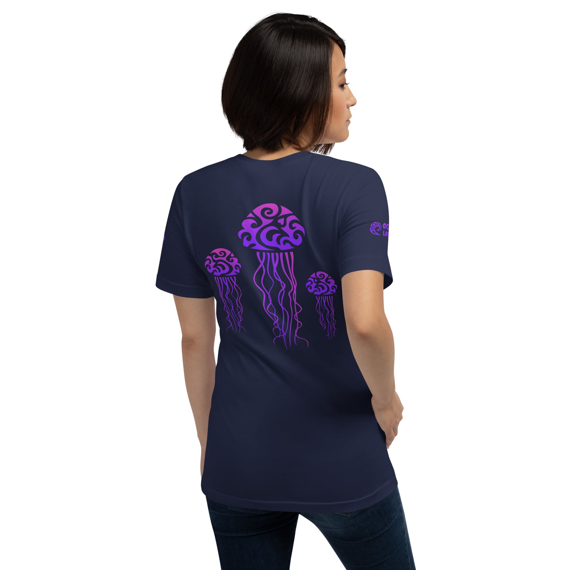 Polynesian T-shirt Jellyfish Tribal Samoan For Men and Women Back Right Purple on Navy