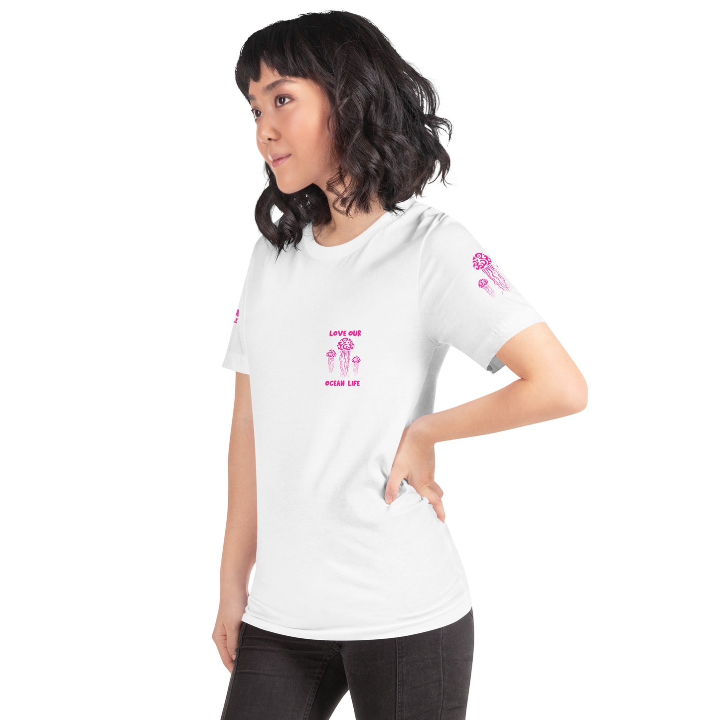 Polynesian T-shirt Jellyfish Tribal Samoan For Men and Women Front Left Pink on White