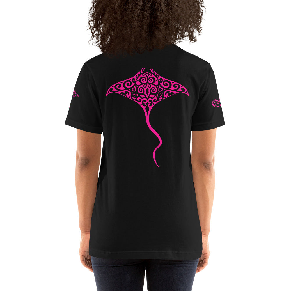 Polynesian T-shirt Manta Ray Tribal Samoan For Men and Women Back Pink on Black
