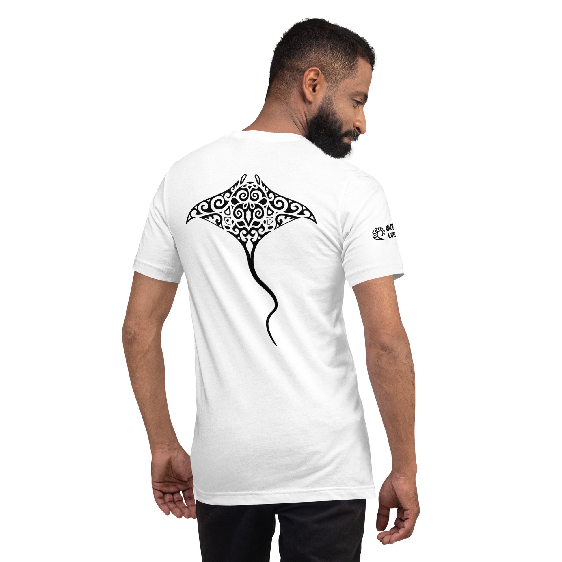 Oceana Lifestyle Apparels Polynesian Manta Ray T-Shirt - Full Back/ Front Crest - for Men and Women Orange Coral / Black Sand / M