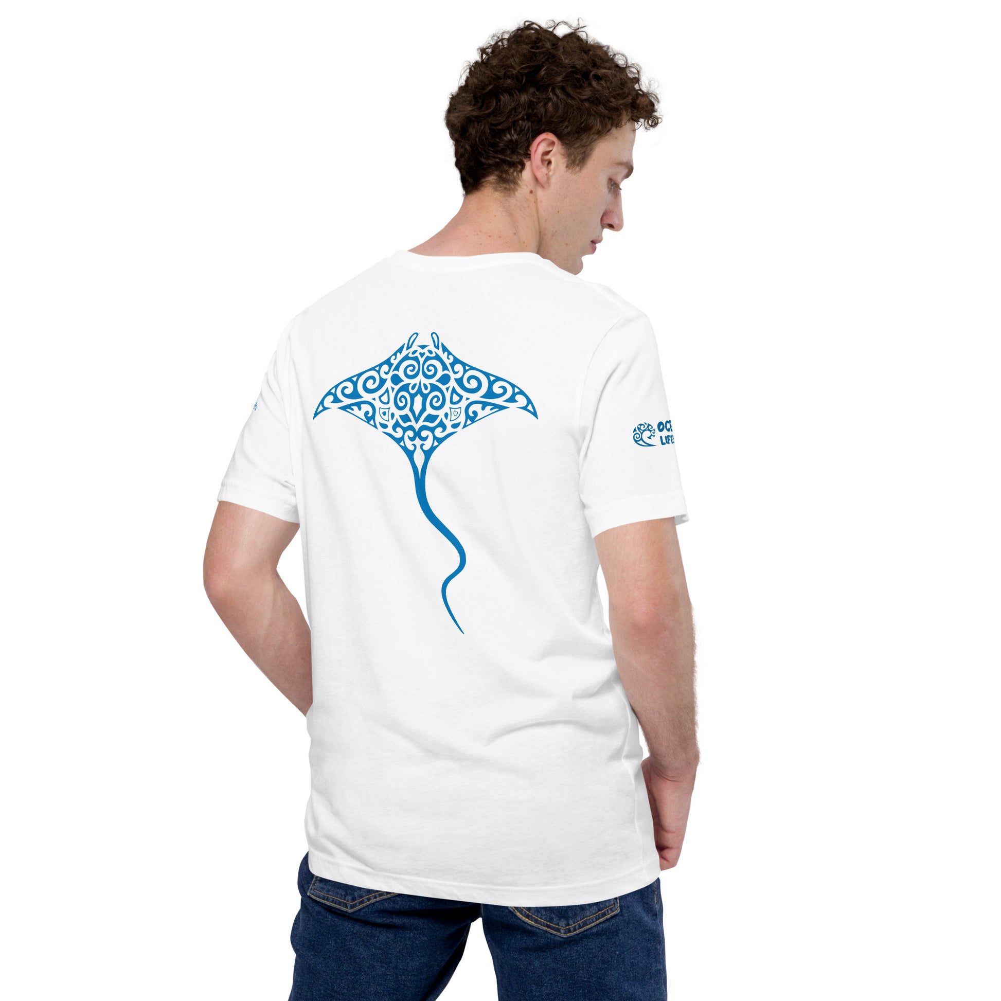 Polynesian T-shirt Manta Ray Tribal Samoan For Men and Women Back Right Blue on White 2