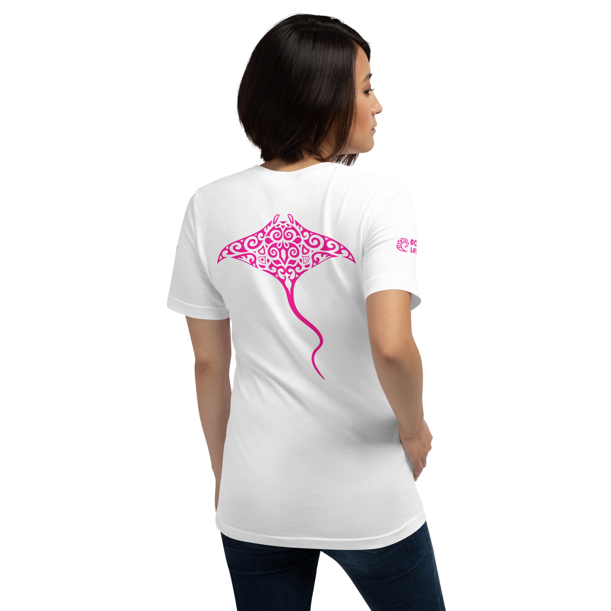 Polynesian T-shirt Manta Ray Tribal Samoan For Men and Women Back Right Pink on Black