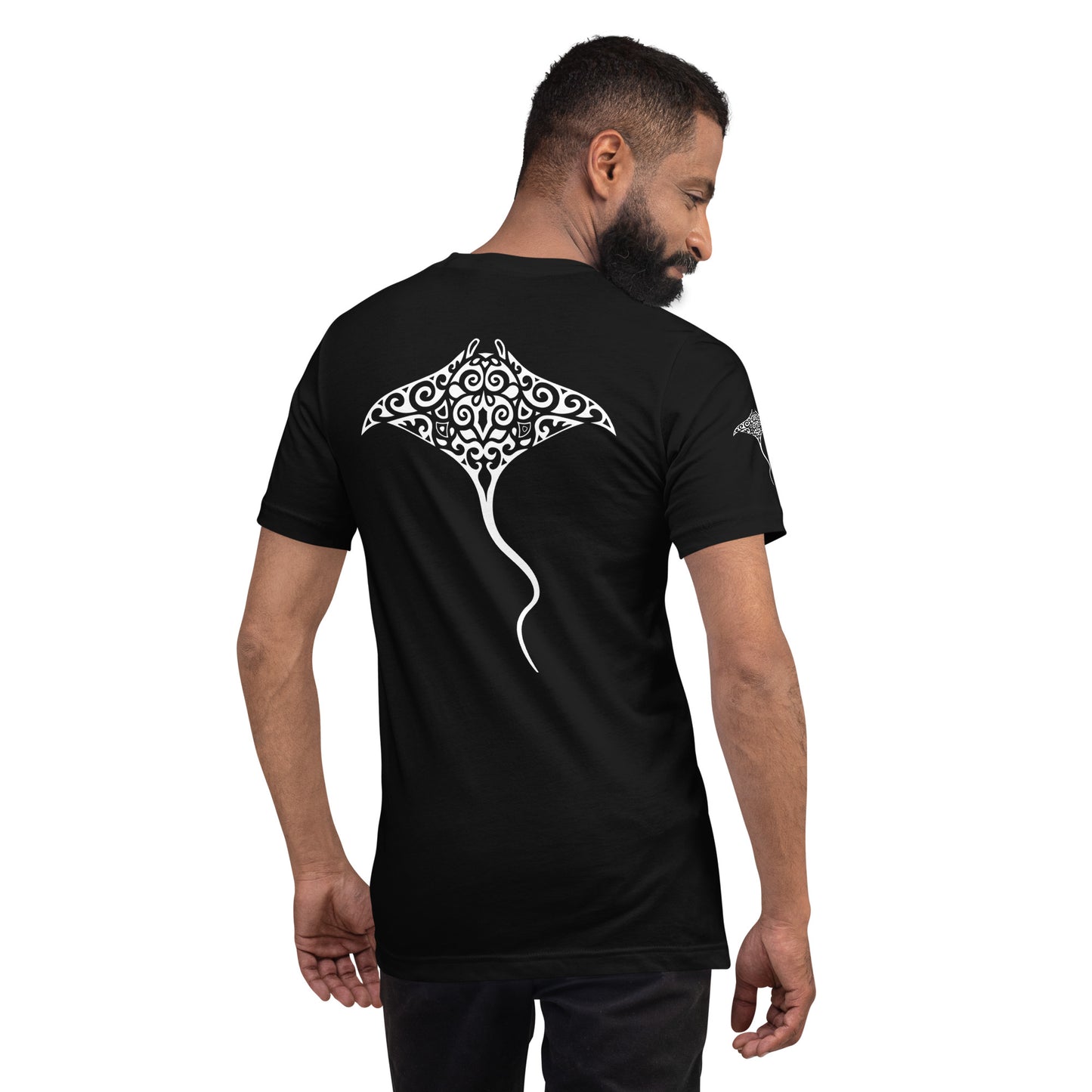 Polynesian T-shirt Manta Ray Tribal Samoan For Men and Women Back Right White on Black