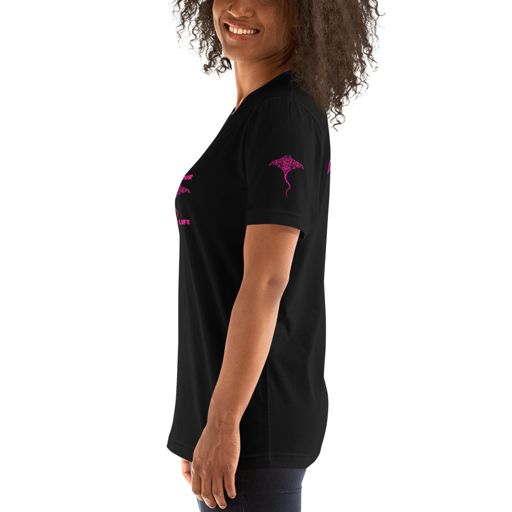 Polynesian T-shirt Manta Ray Tribal Samoan For Men and Women Left Pink on Black