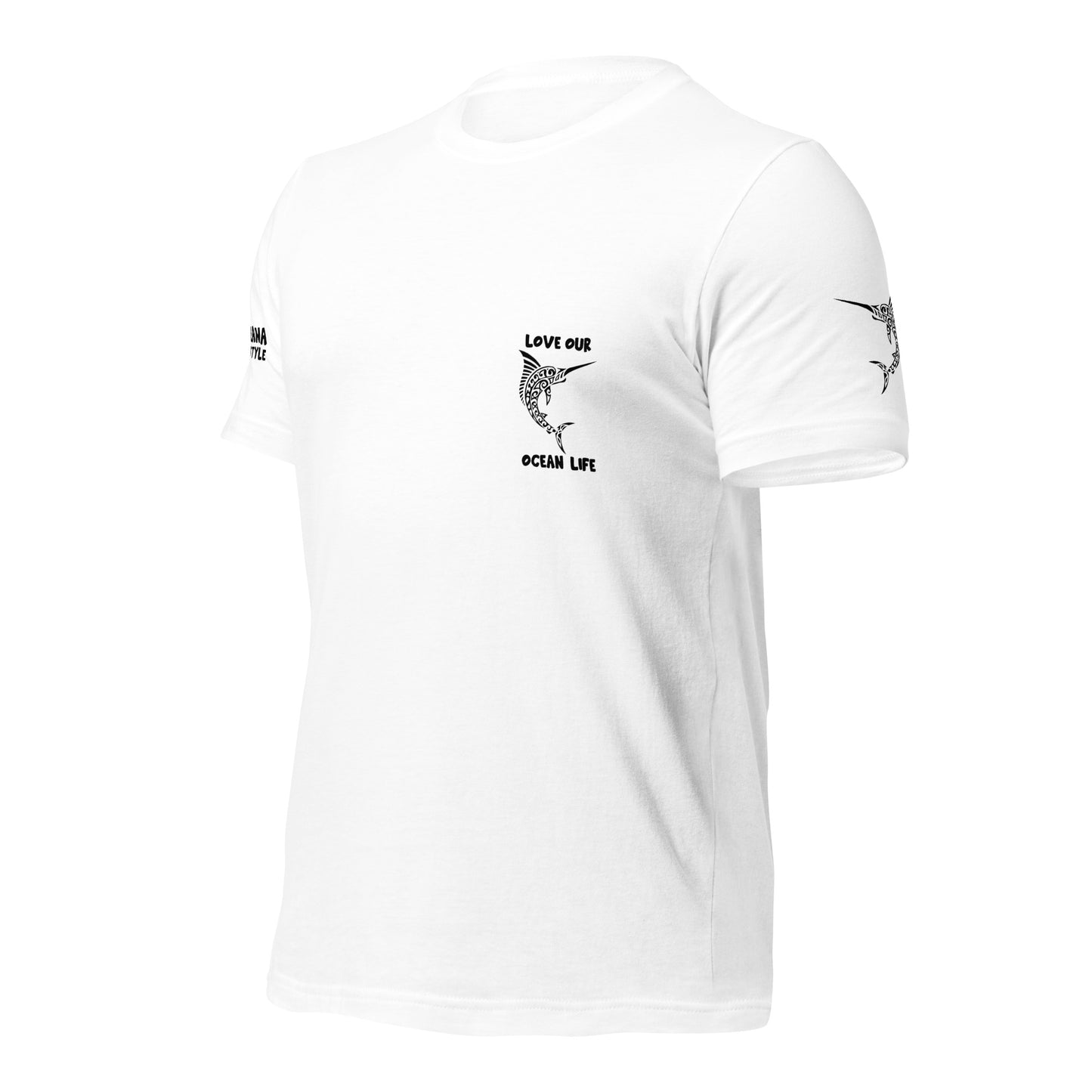 Polynesian T-shirt Marlin Tribal Samoan For Men and Women Full Back/ Front Crest Black on White 2