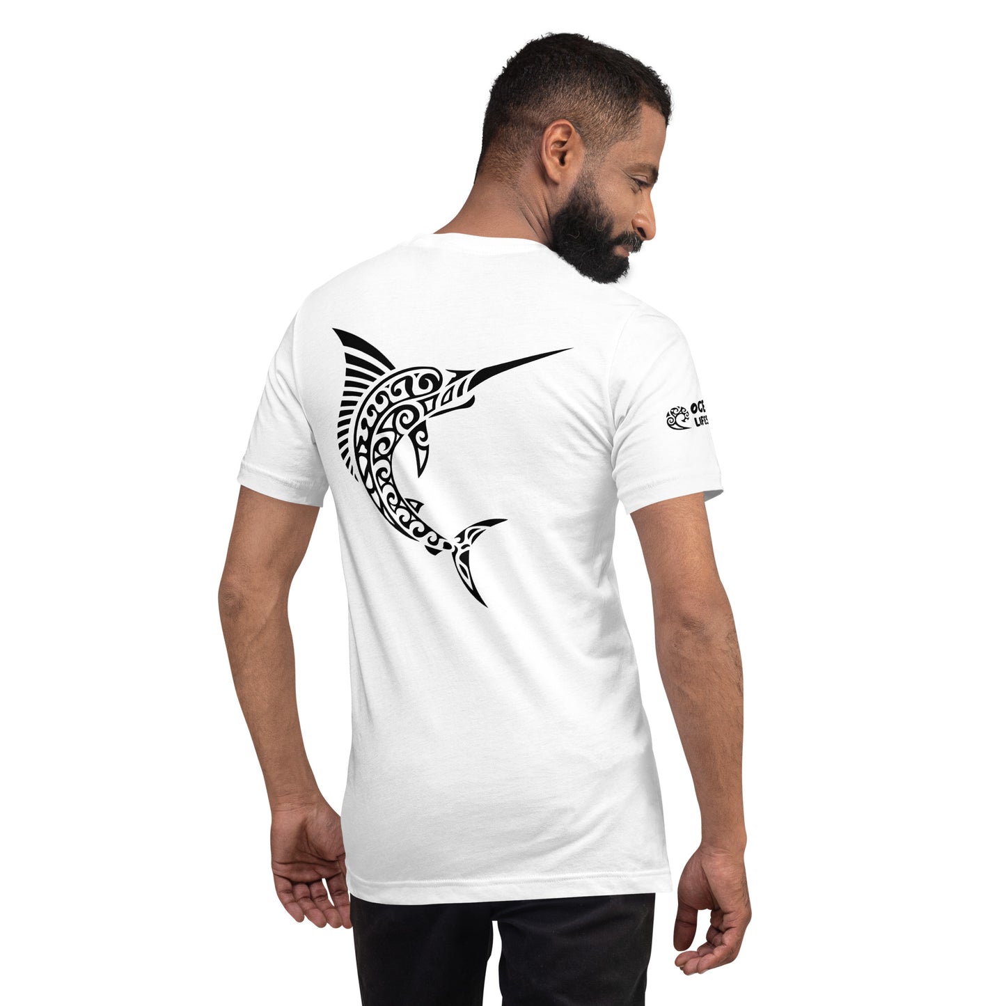 Polynesian T-shirt Marlin Tribal Samoan For Men and Women Full Back/ Front Crest Black on White 3