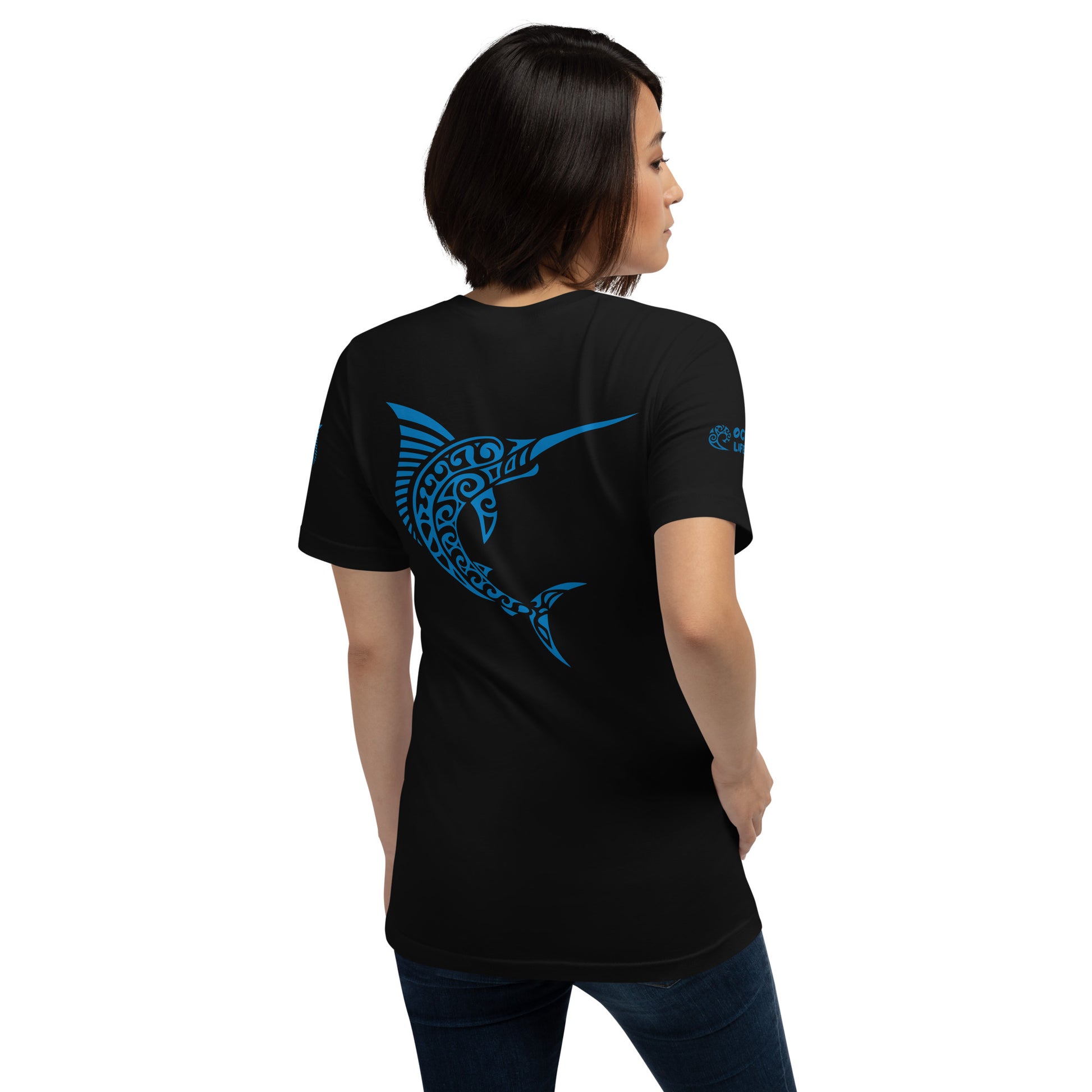 Polynesian T-shirt Marlin Tribal Samoan For Men and Women Full Back/ Front Crest Blue on Black