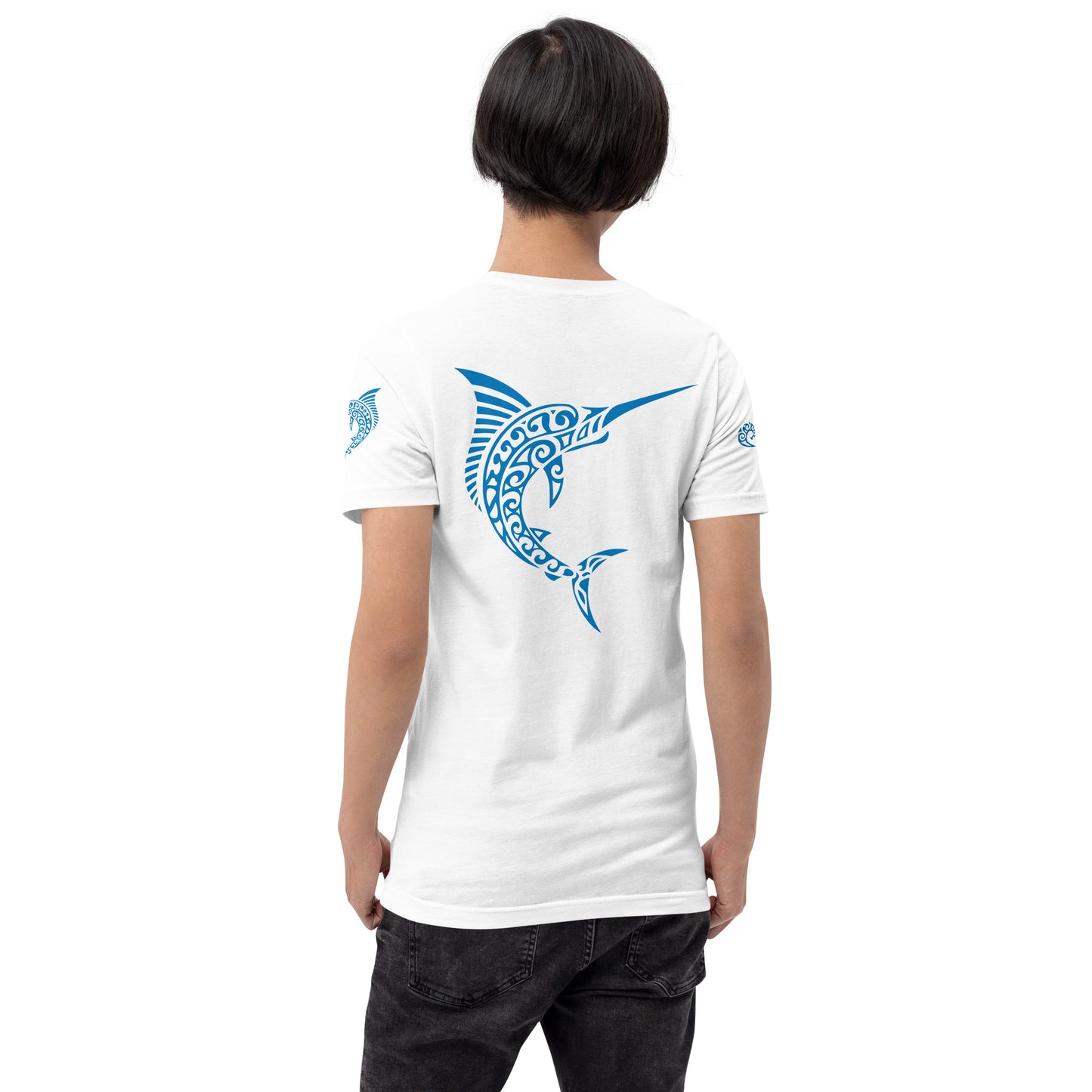 Polynesian T-shirt Marlin Tribal Samoan For Men and Women Full Back/ Front Crest Blue on White 2