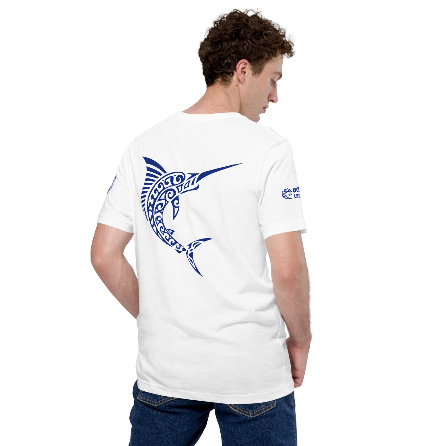 Polynesian T-shirt Marlin Tribal Samoan For Men and Women Full Back/ Front Crest Navy on White on White 3