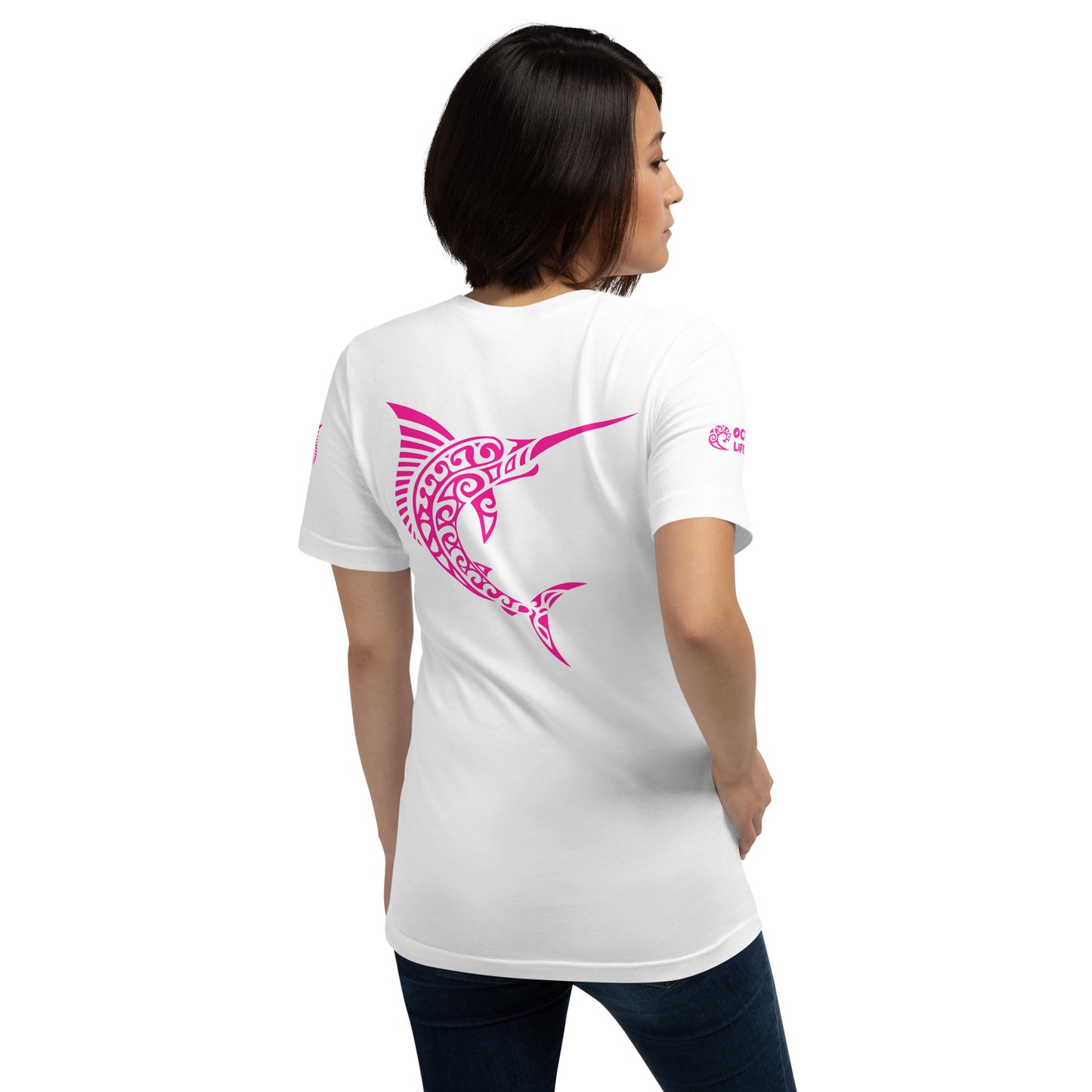 Polynesian T-shirt Marlin Tribal Samoan For Men and Women Full Back/ Front Crest Pink on White