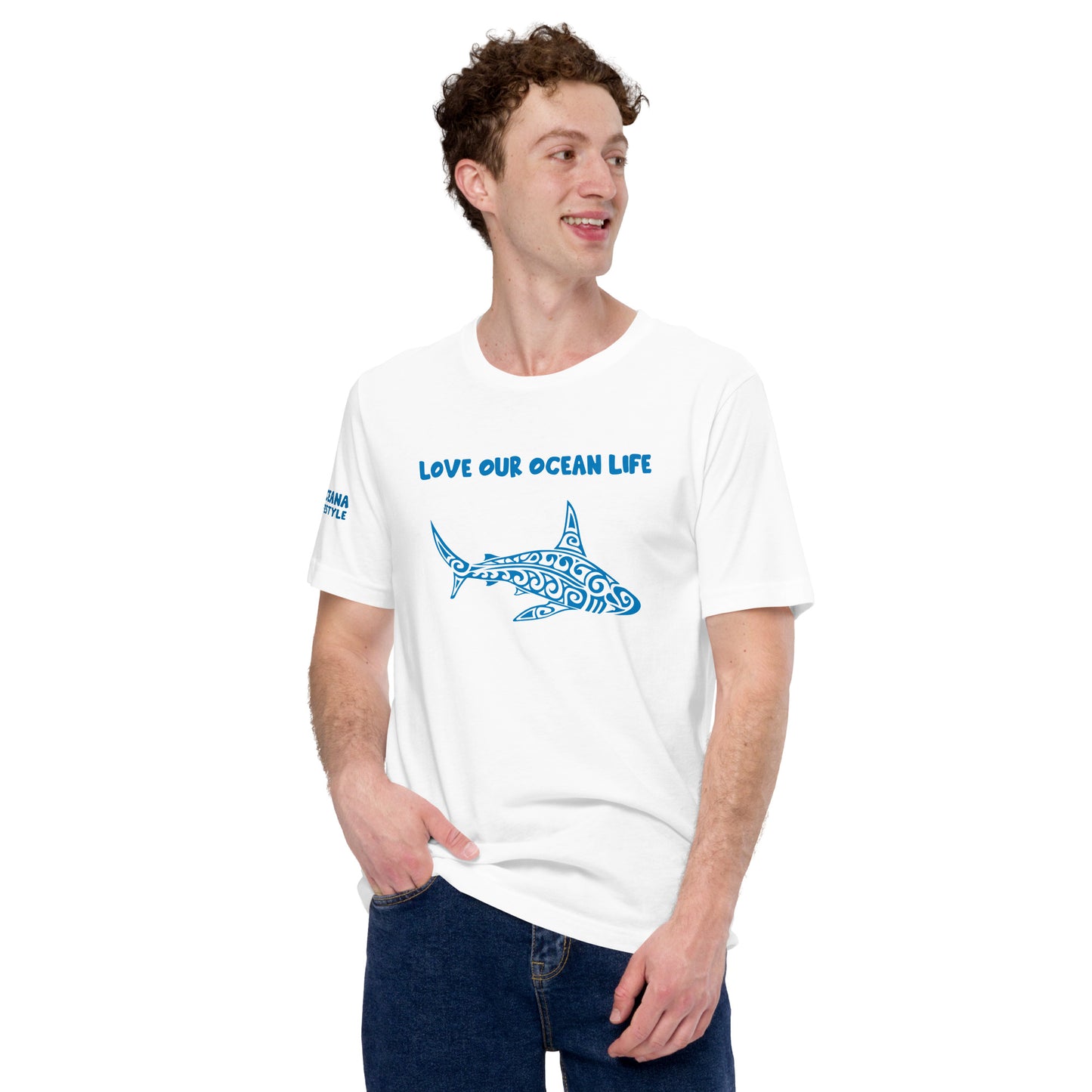 Polynesian T-shirt Shark Tribal Samoan For Men and Women Front Center Blue on White