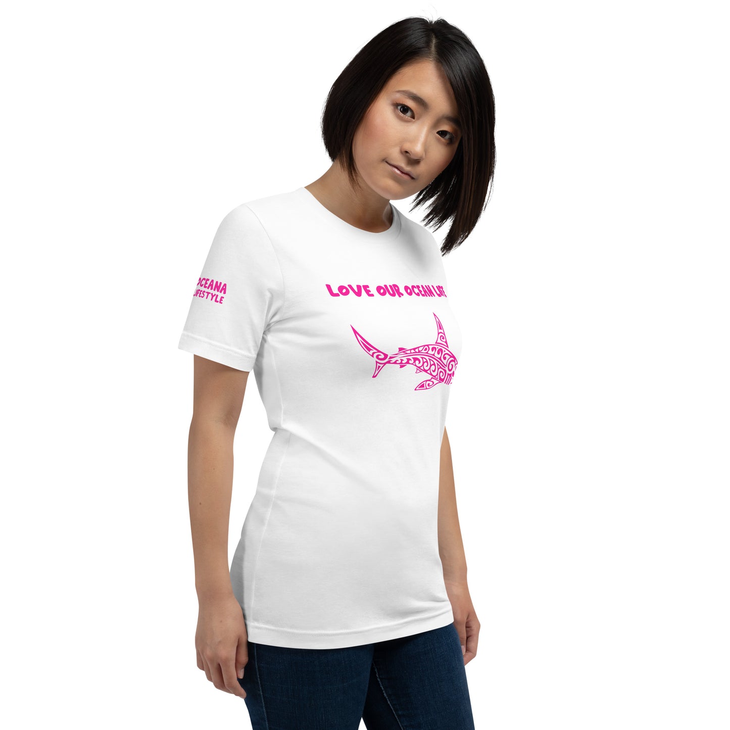 Polynesian T-shirt Shark Tribal Samoan For Men and Women Front Center Pink on White