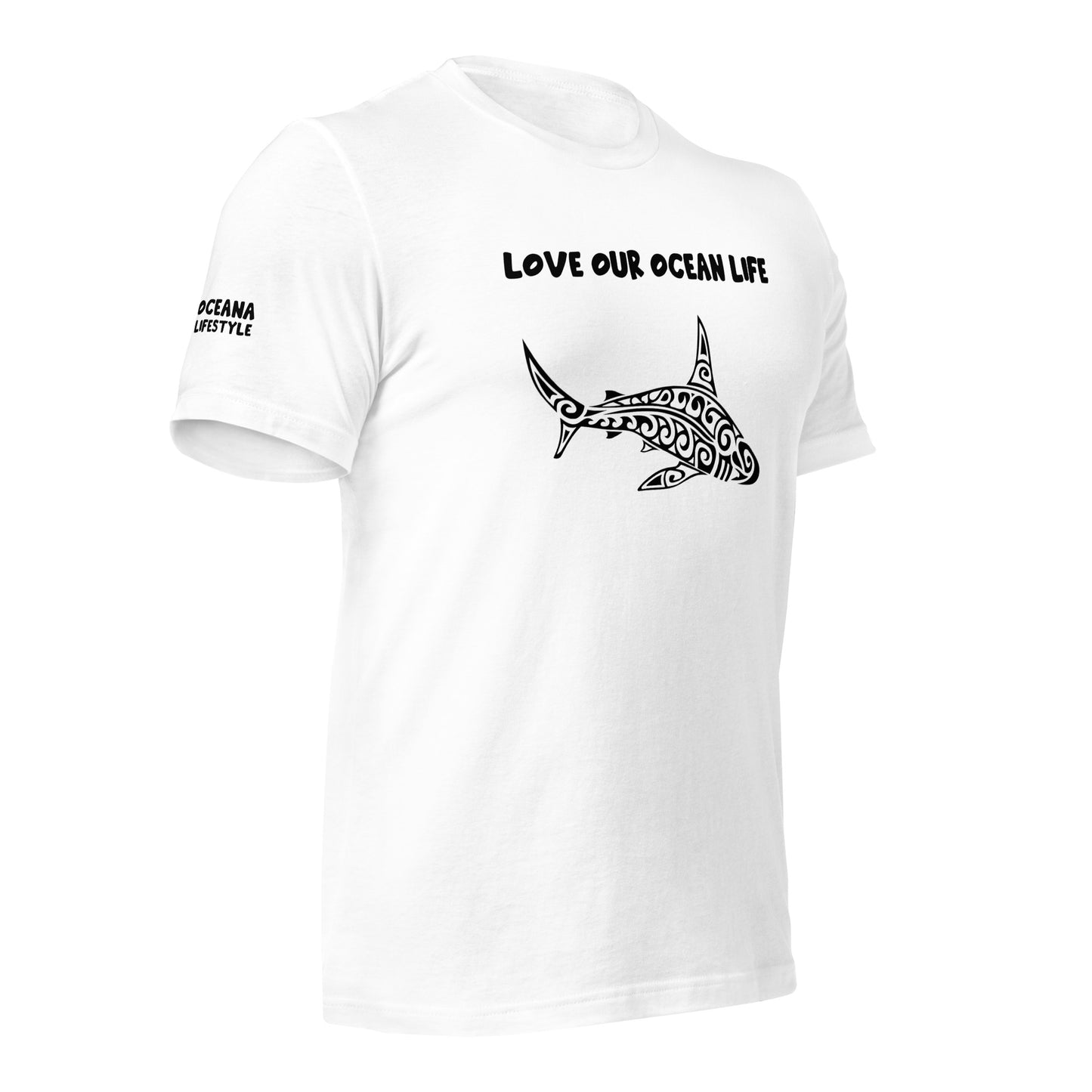 Polynesian T-shirt Shark Tribal Samoan For Men and Women Full Back/ Front Crest Black on White For Men and Women Front Center Black on White 2