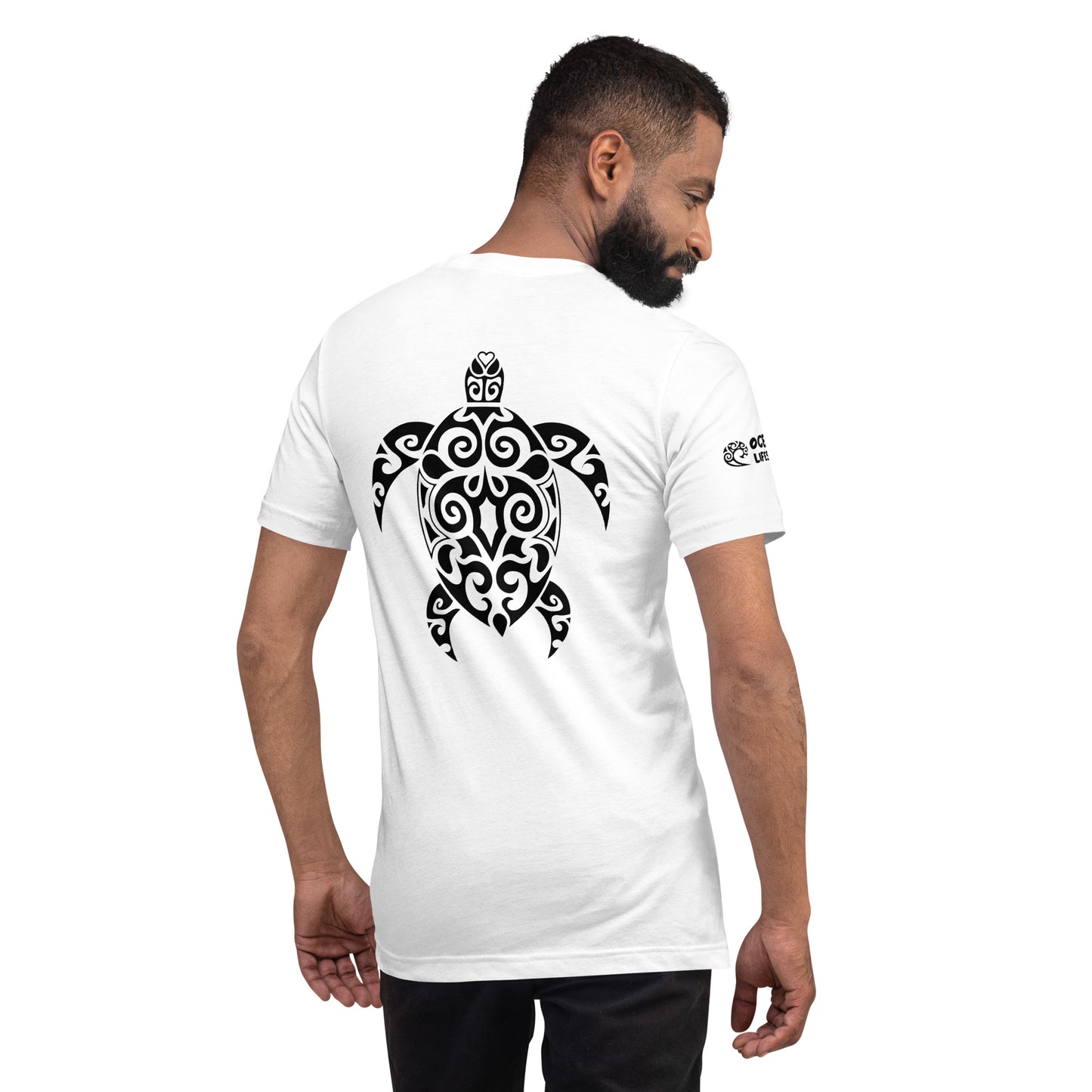 Polynesian T-shirt Turtle Tribal Samoan For Men and Women Back Right Black on White