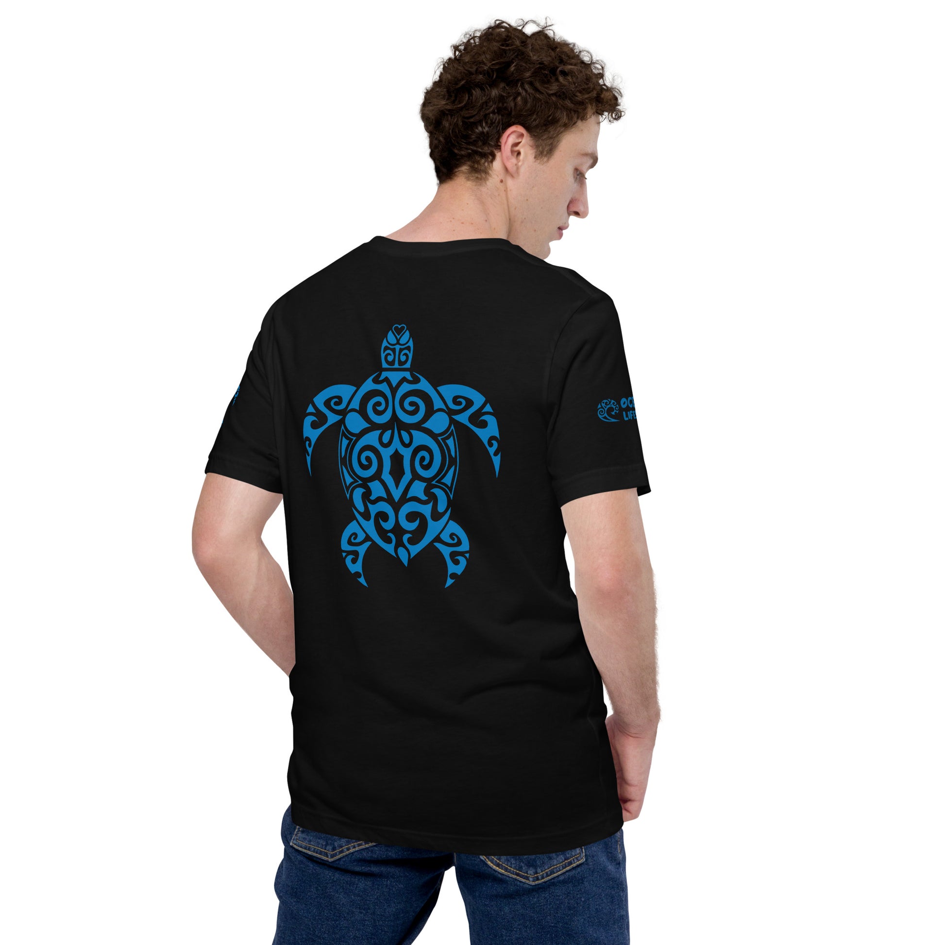 Polynesian T-shirt Turtle Tribal Samoan For Men and Women Back Right Blue on Black