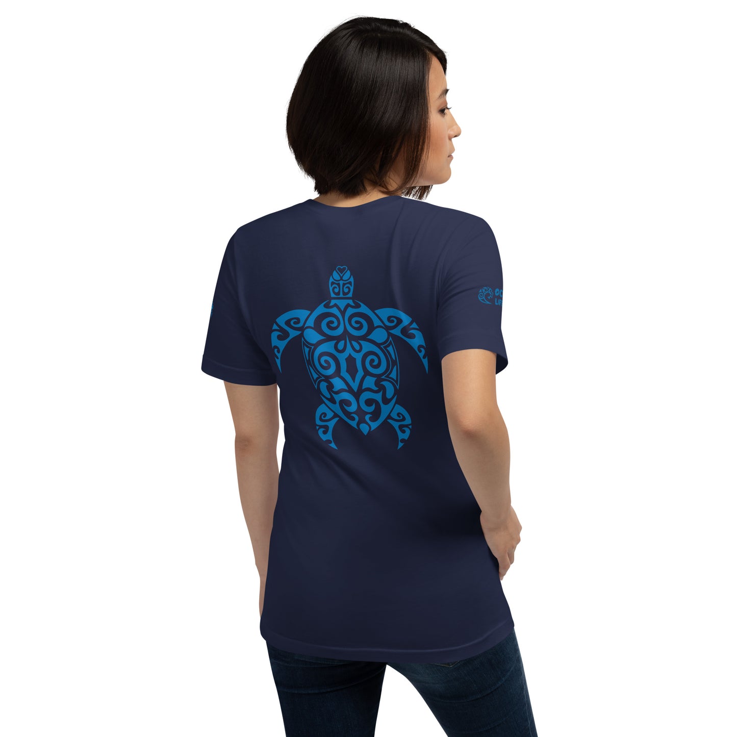 Polynesian T-shirt Turtle Tribal Samoan For Men and Women Back Right Blue on Navy