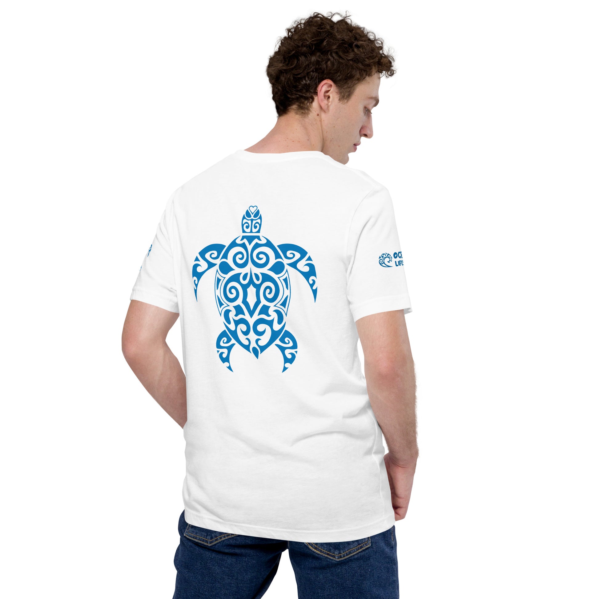 Polynesian T-shirt Turtle Tribal Samoan For Men and Women Back Right Blue on White