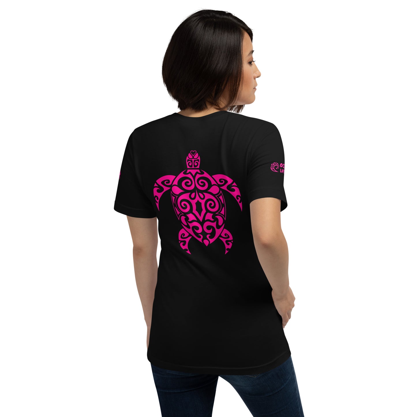 Polynesian T-shirt Turtle Tribal Samoan For Men and Women Back Right Pink on Black