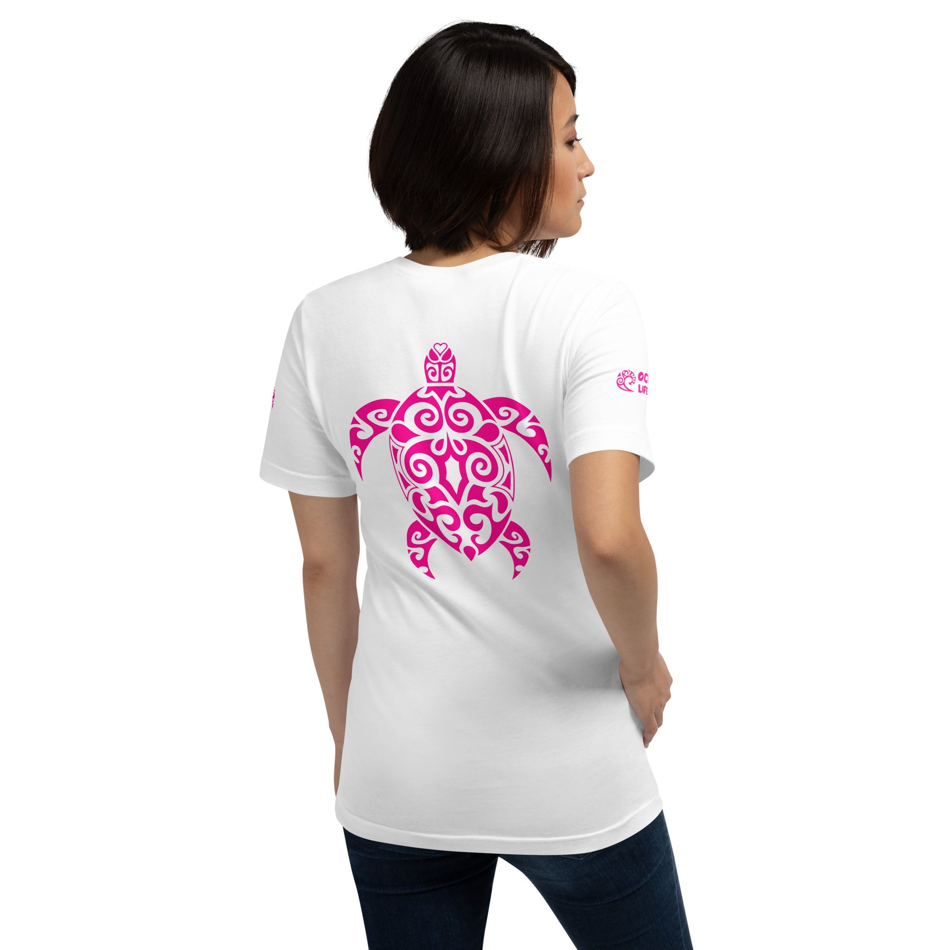 Polynesian T-shirt Turtle Tribal Samoan For Men and Women Back Right Pink on White