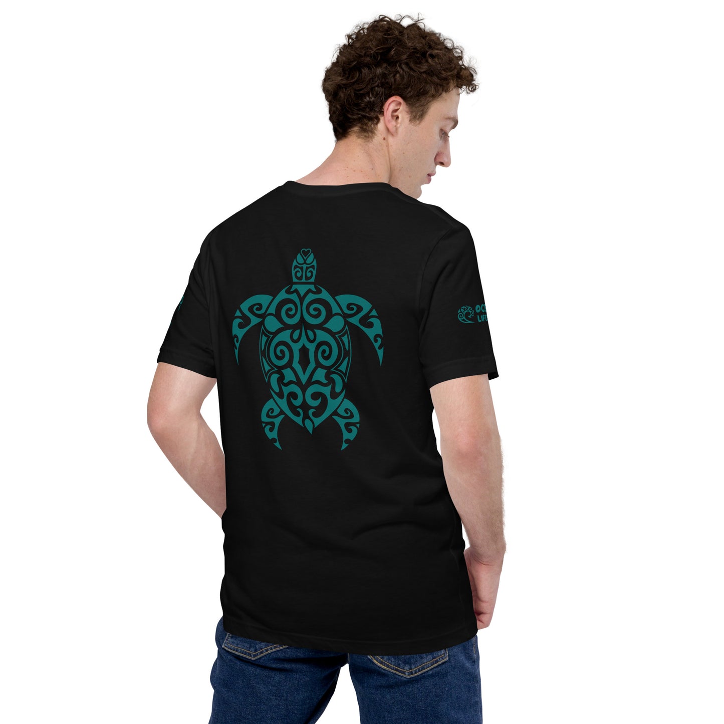 Polynesian T-shirt Turtle Tribal Samoan For Men and Women Back Right Teal on Black