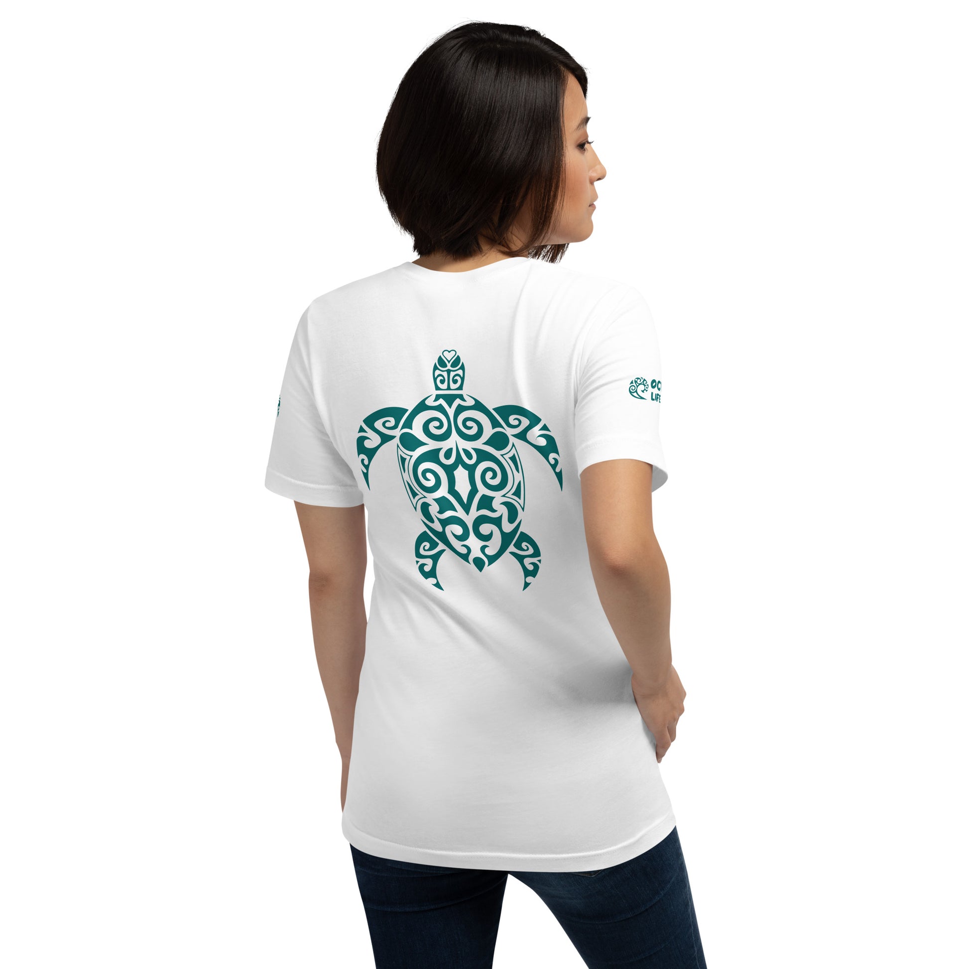 Polynesian T-shirt Turtle Tribal Samoan For Men and Women Back Right Teal on White