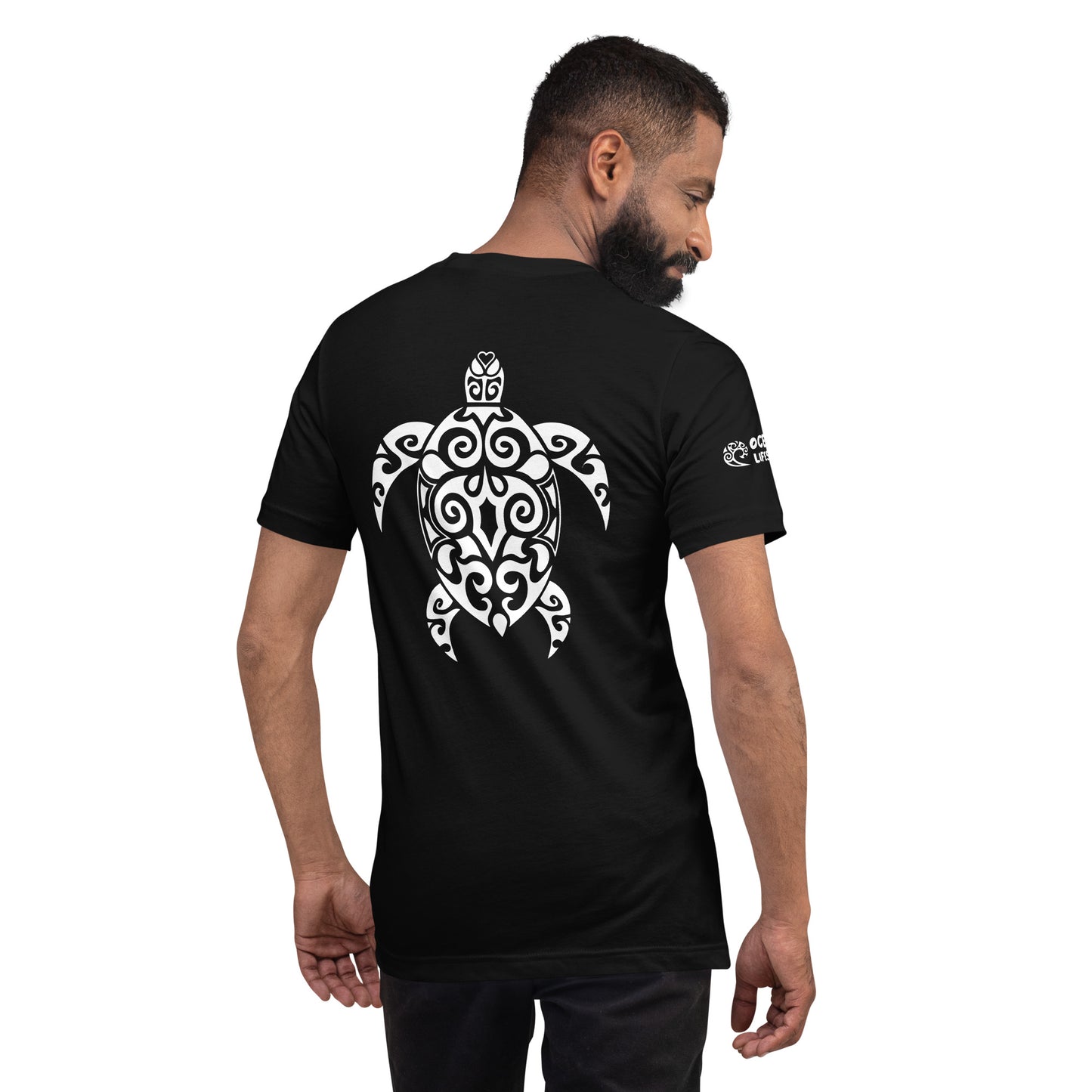 Polynesian T-shirt Turtle Tribal Samoan For Men and Women Back Right White on Black