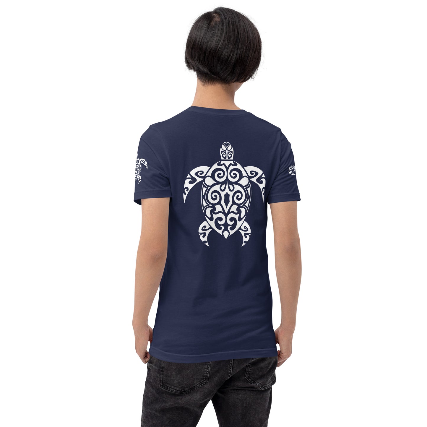 Polynesian T-shirt Turtle Tribal Samoan For Men and Women Back White on Navy