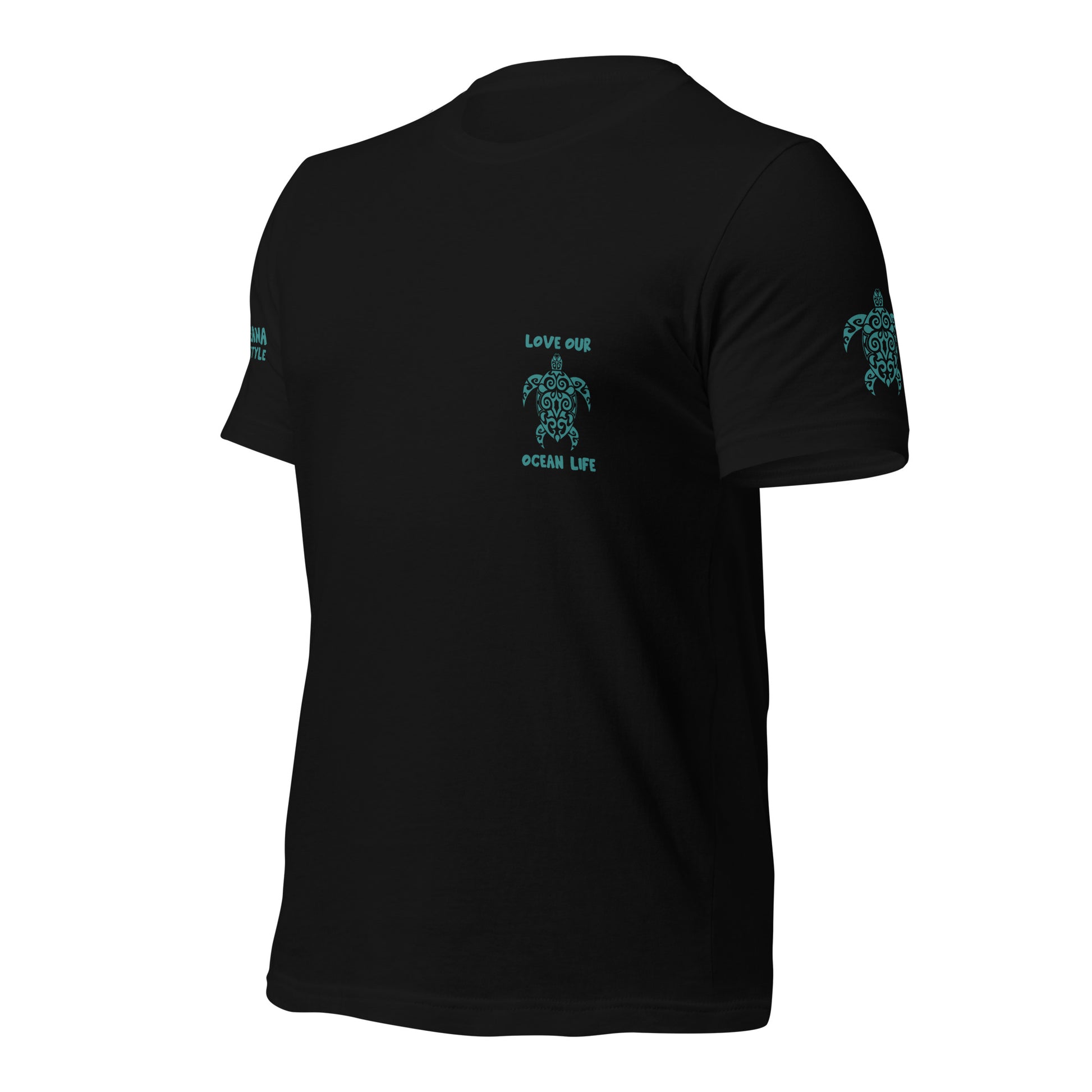 Polynesian T-shirt Turtle Tribal Samoan For Men and Women Front Left Teal on Black