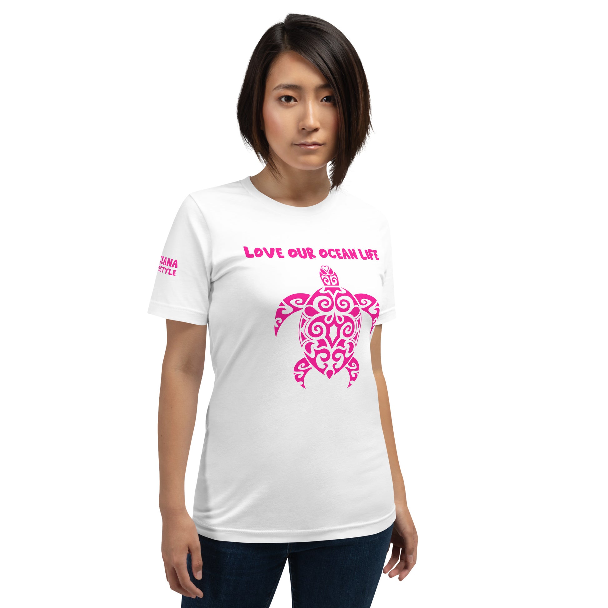 Polynesian T-shirt Turtle Tribal Samoan For Men and Women Front Pink on White
